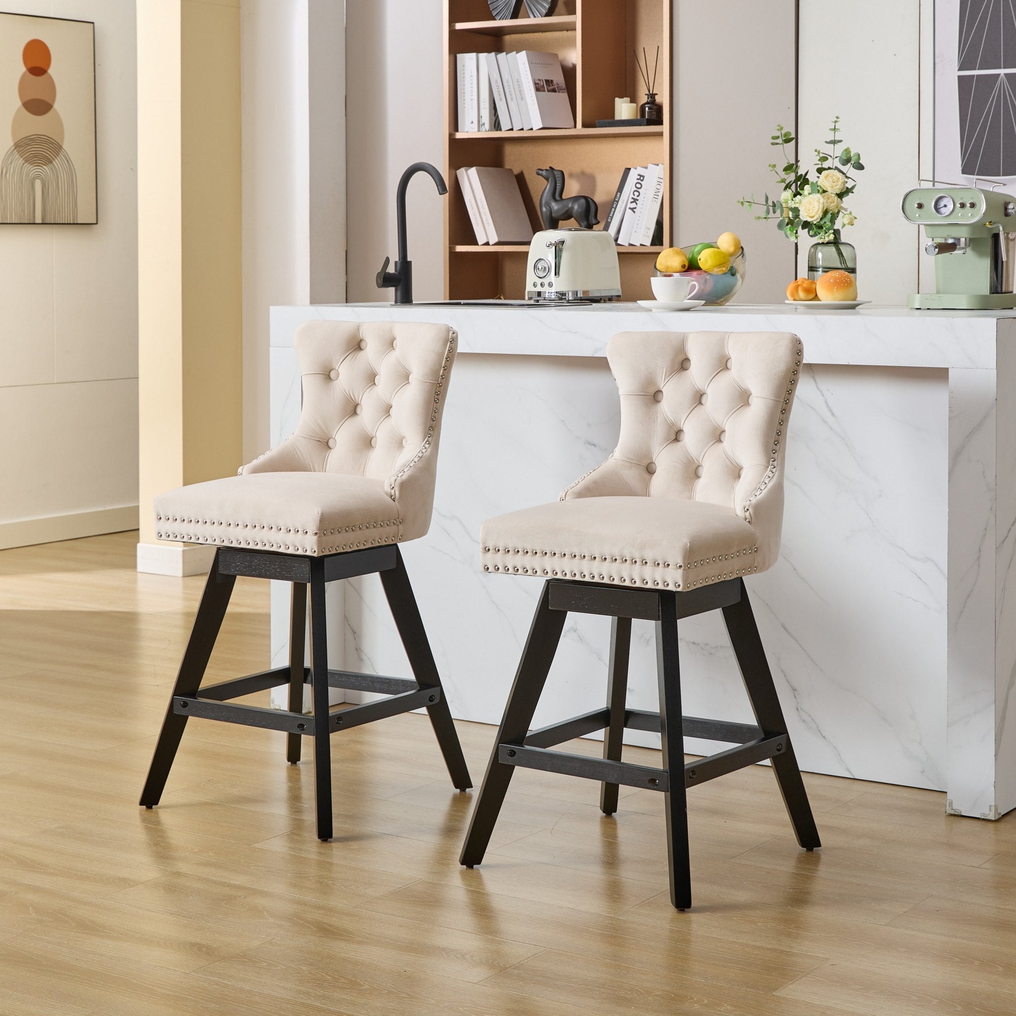 Swivel Velvet Barstools with Button Tufted Decoration (Set of 2)