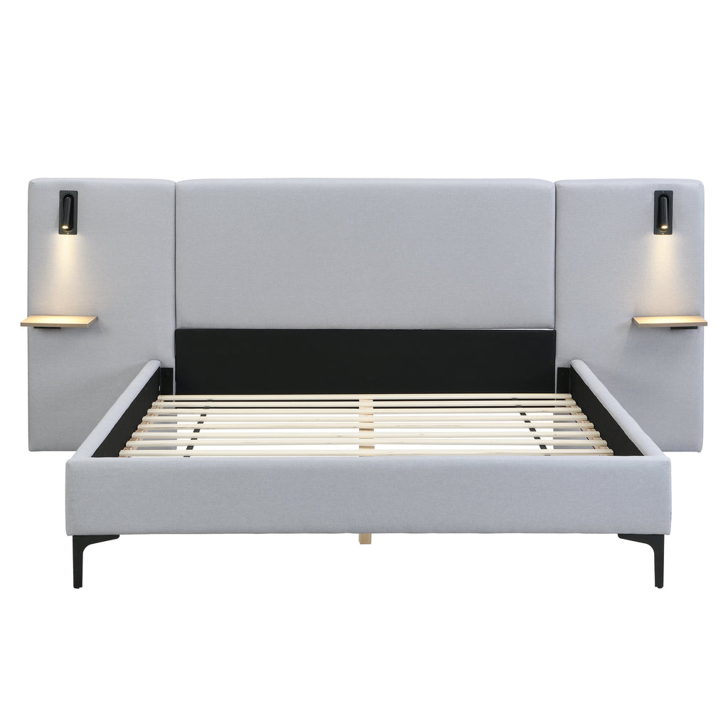 Chic Linen Upholstered Bed with Integrated Lights and Shelves