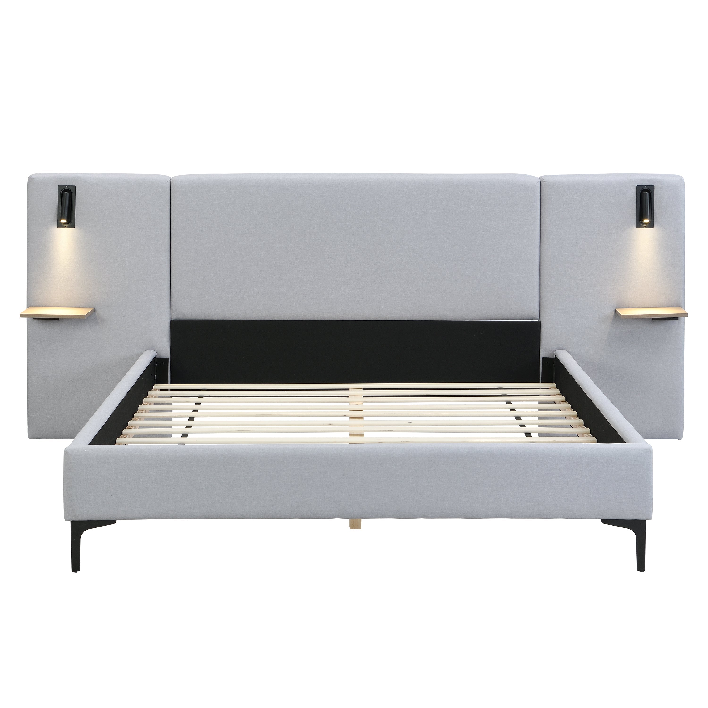 Chic Linen Upholstered Bed with Integrated Lights and Shelves
