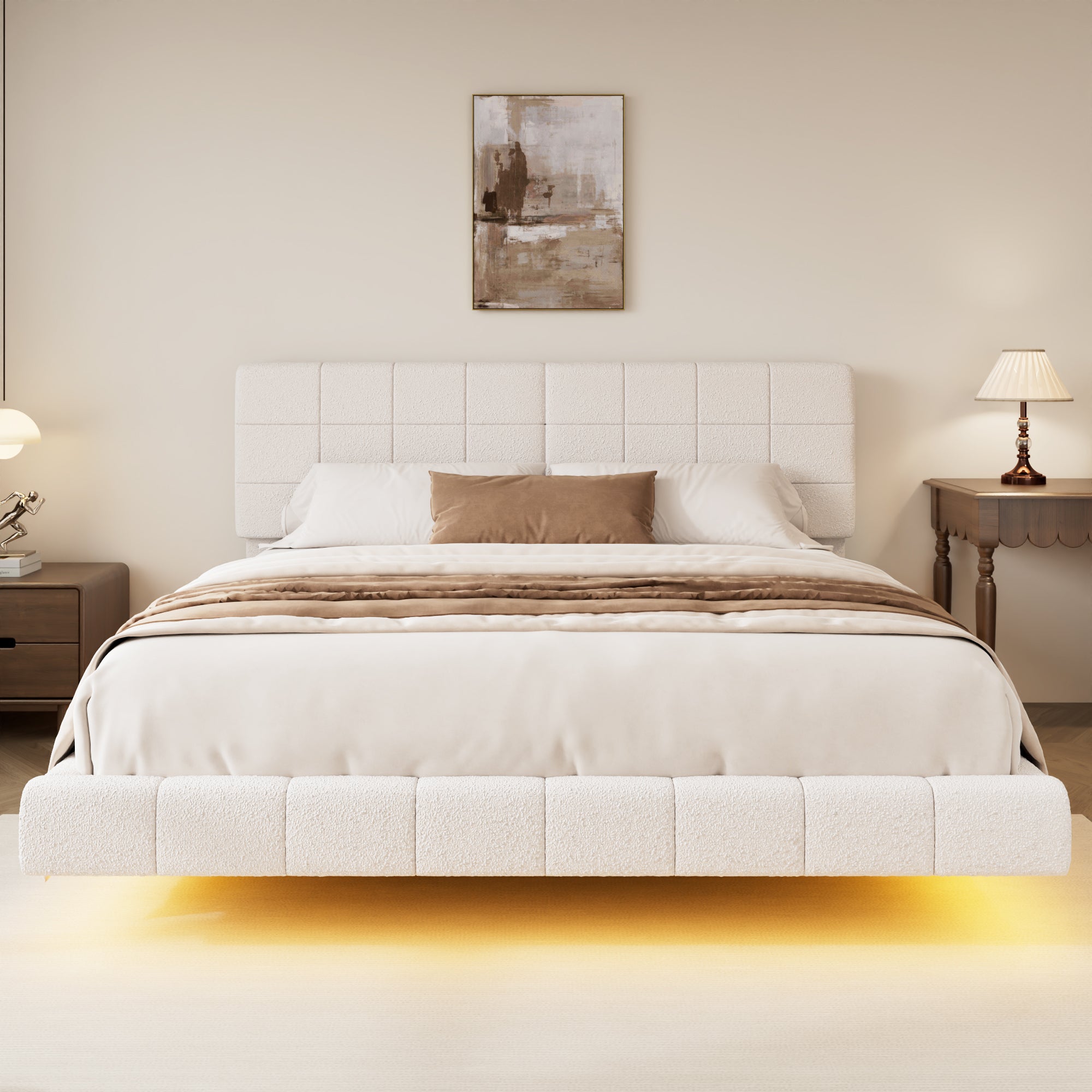 White  Boucle Floating Bed with Light