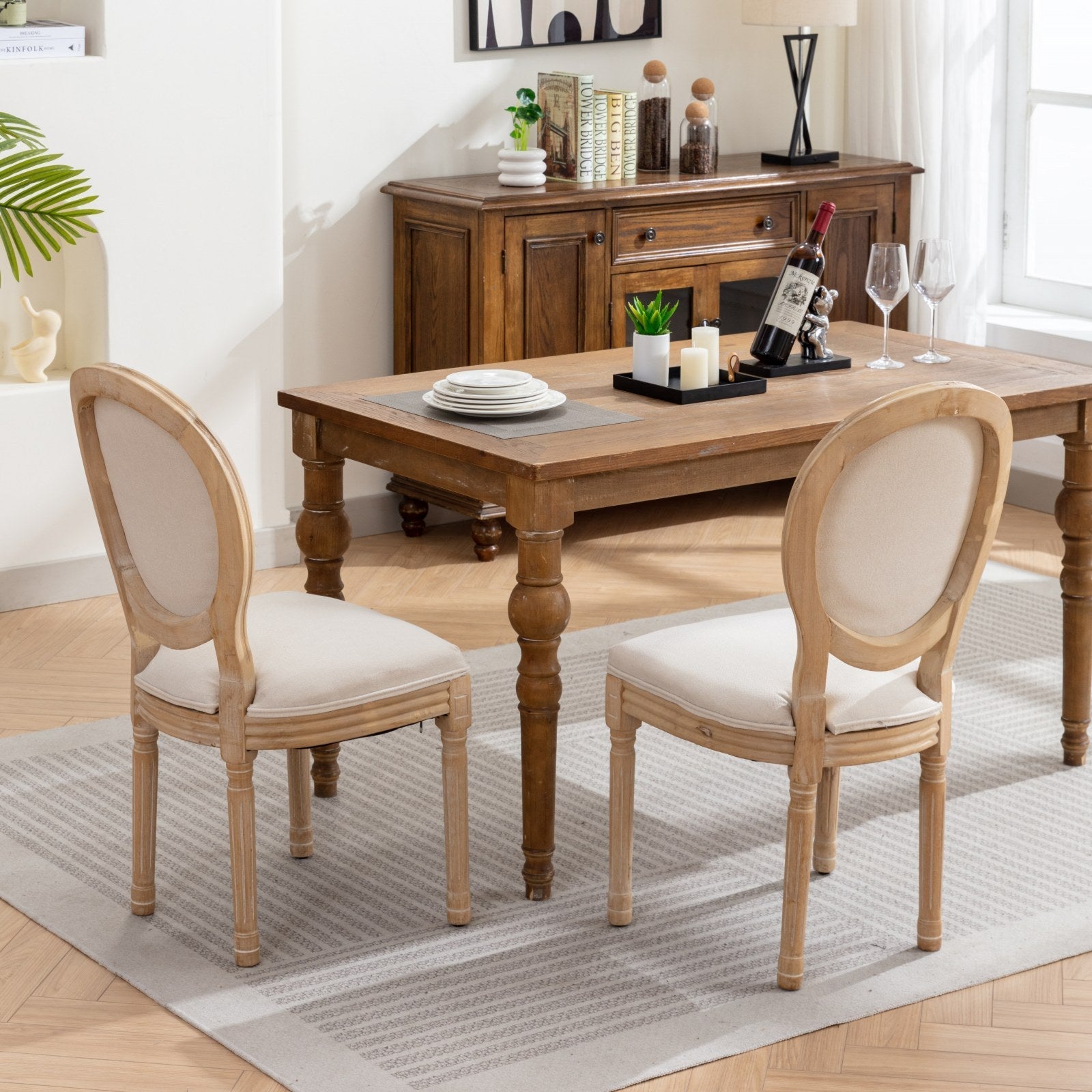 French Style Solid Wood Frame Linen Fabric Back Dining Chair (Set of 2)