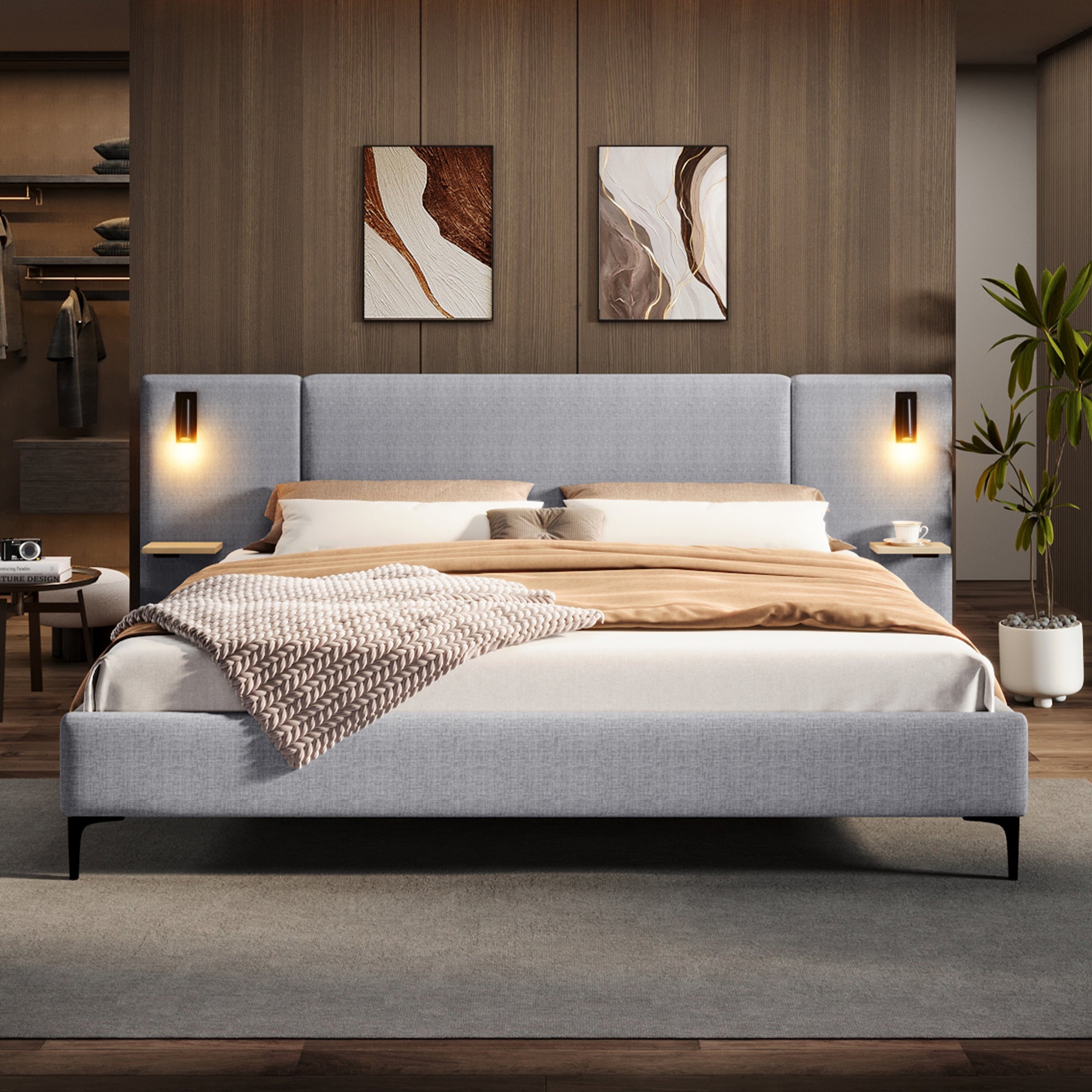 Chic Linen Upholstered Bed with Integrated Lights and Shelves