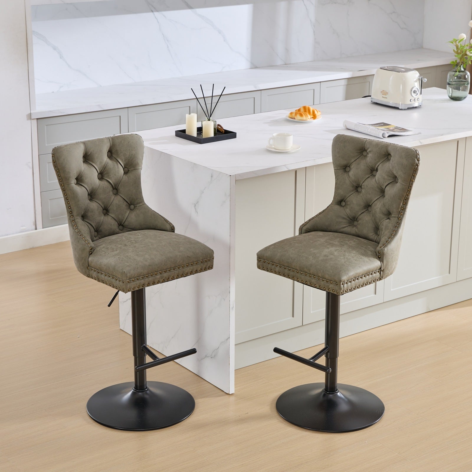 Aged and Retro PU Swivel Barstools Adjusatble Seat Height (Set of 2)