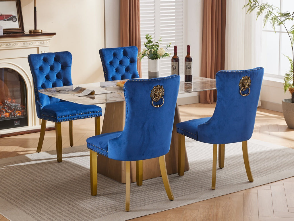 Mid-Century Velvet Dining Chairs with Lion Head Pull Ring (Set of 2)