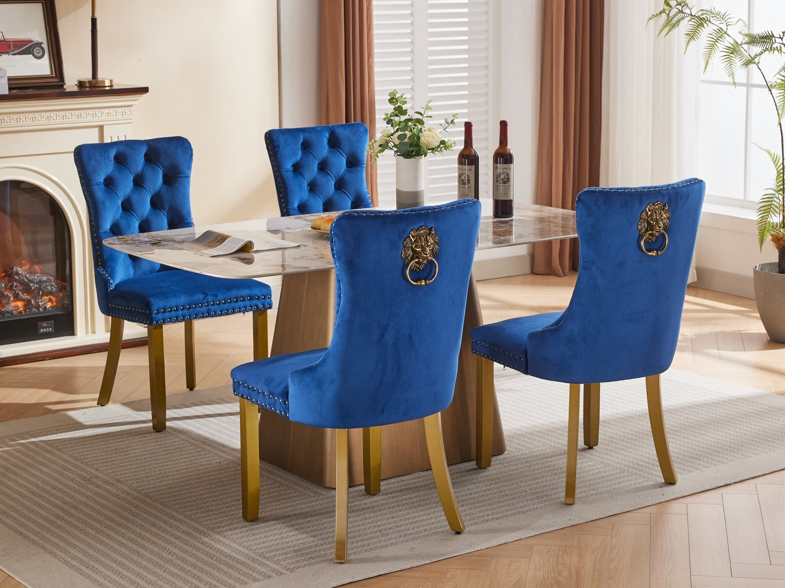 Mid-Century Velvet Dining Chairs with Lion Head Pull Ring (Set of 2)