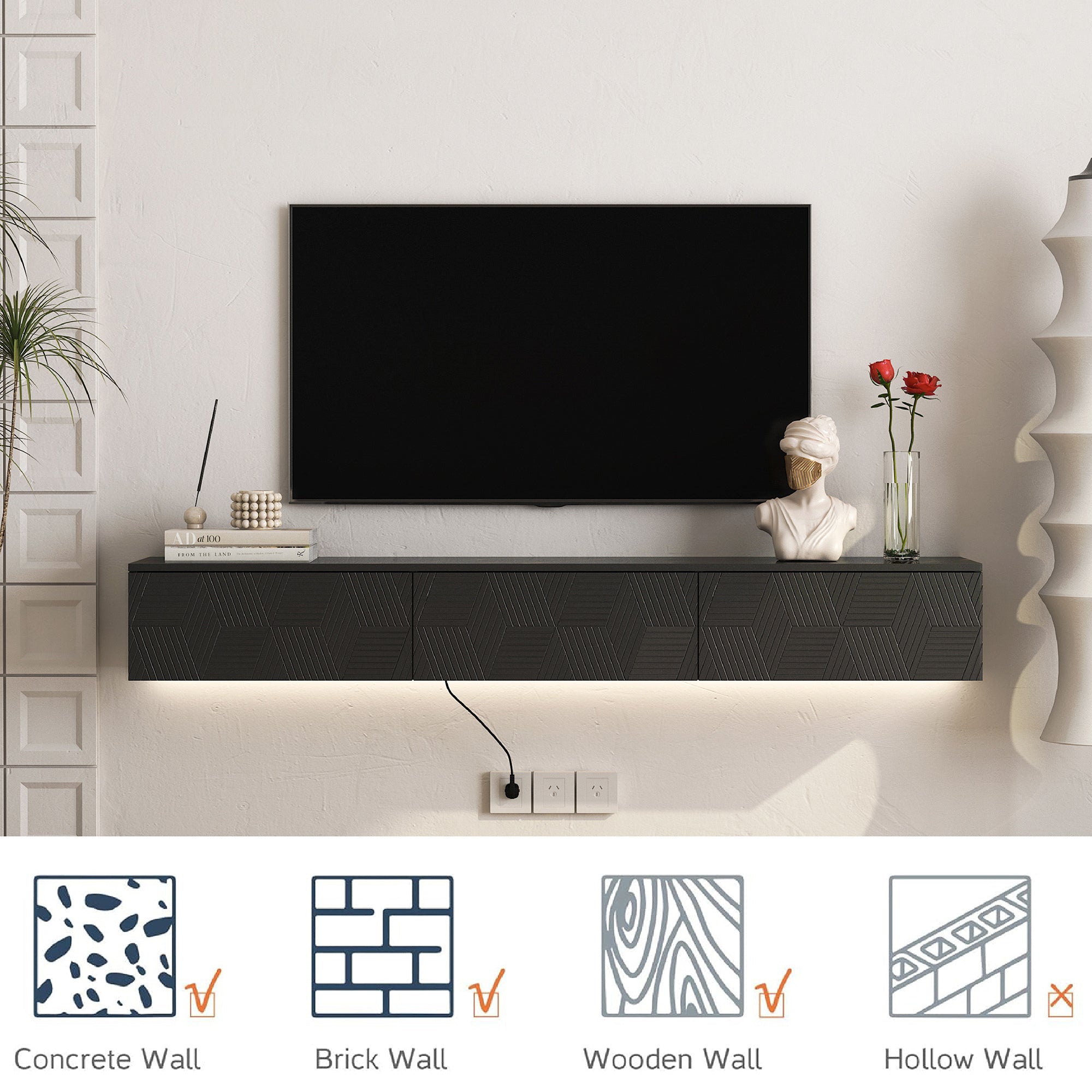 Floating TV Stand Wall Mounted with 16 Color LED