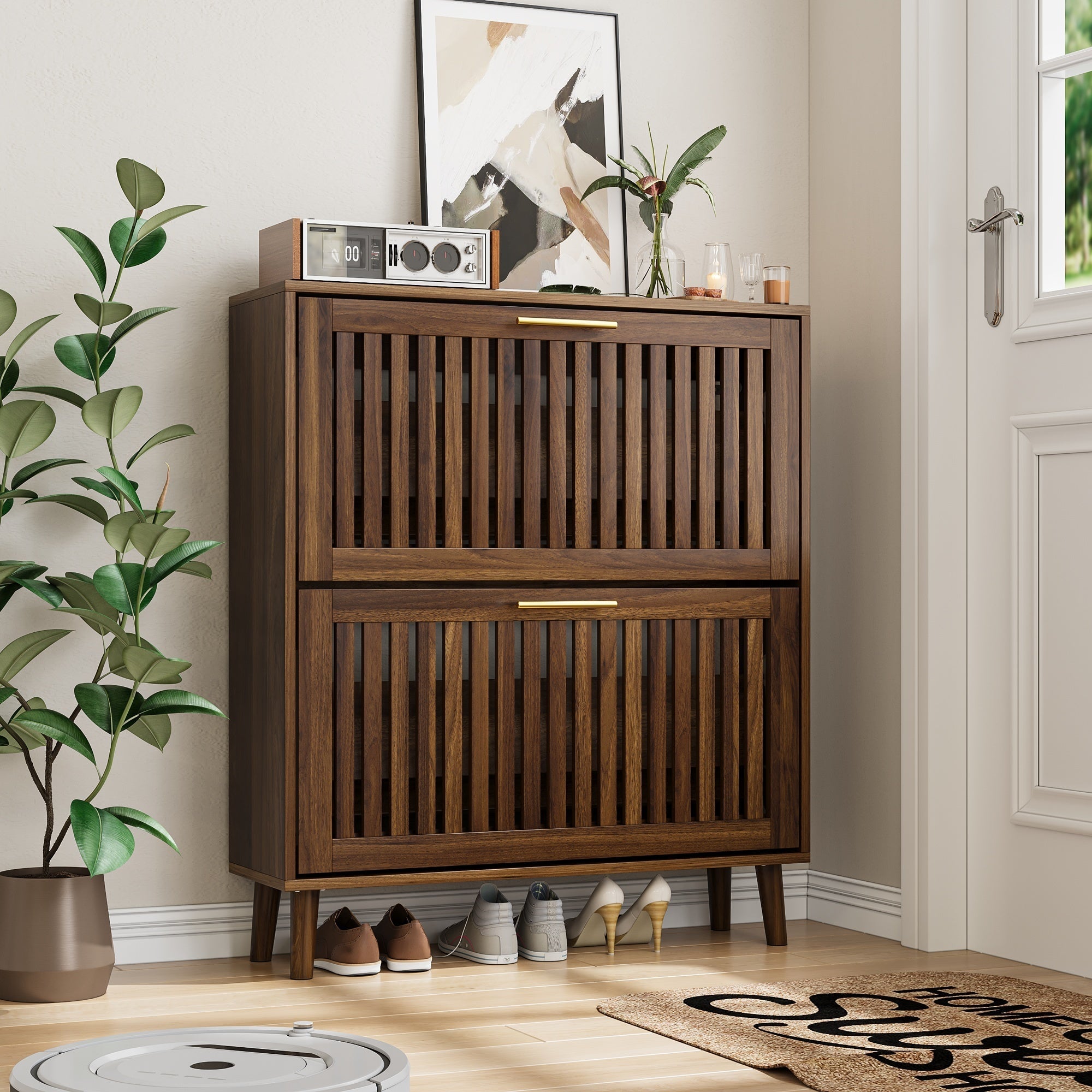 Medieval Modern Walnut Shoe Storage Cabinet