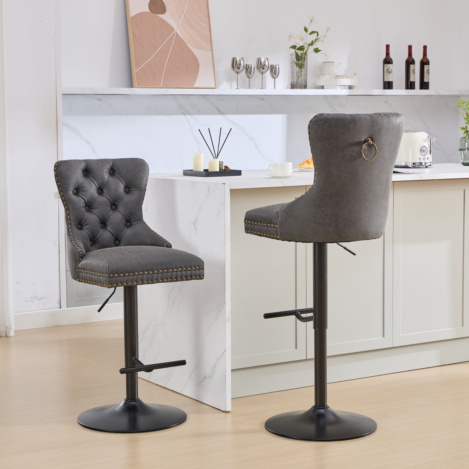 Aged and Retro PU Swivel Barstools Adjusatble Seat Height (Set of 2)