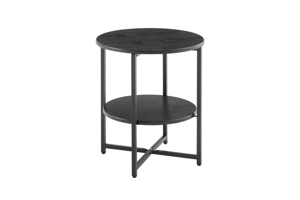 Small Round Side Table 2-Tier Black Farmhouse Accent Table with Storage Shelf