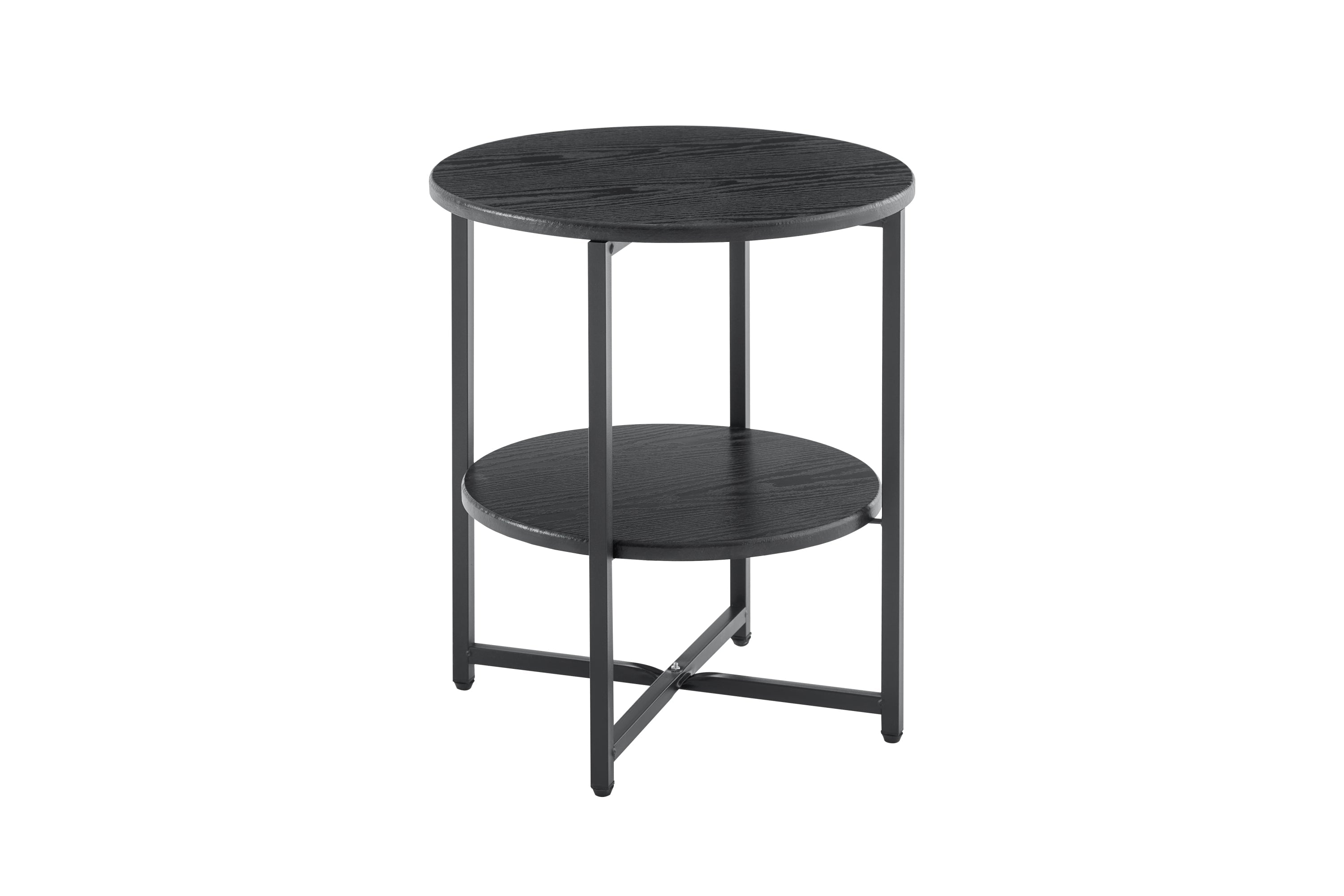 Small Round Side Table 2-Tier Black Farmhouse Accent Table with Storage Shelf