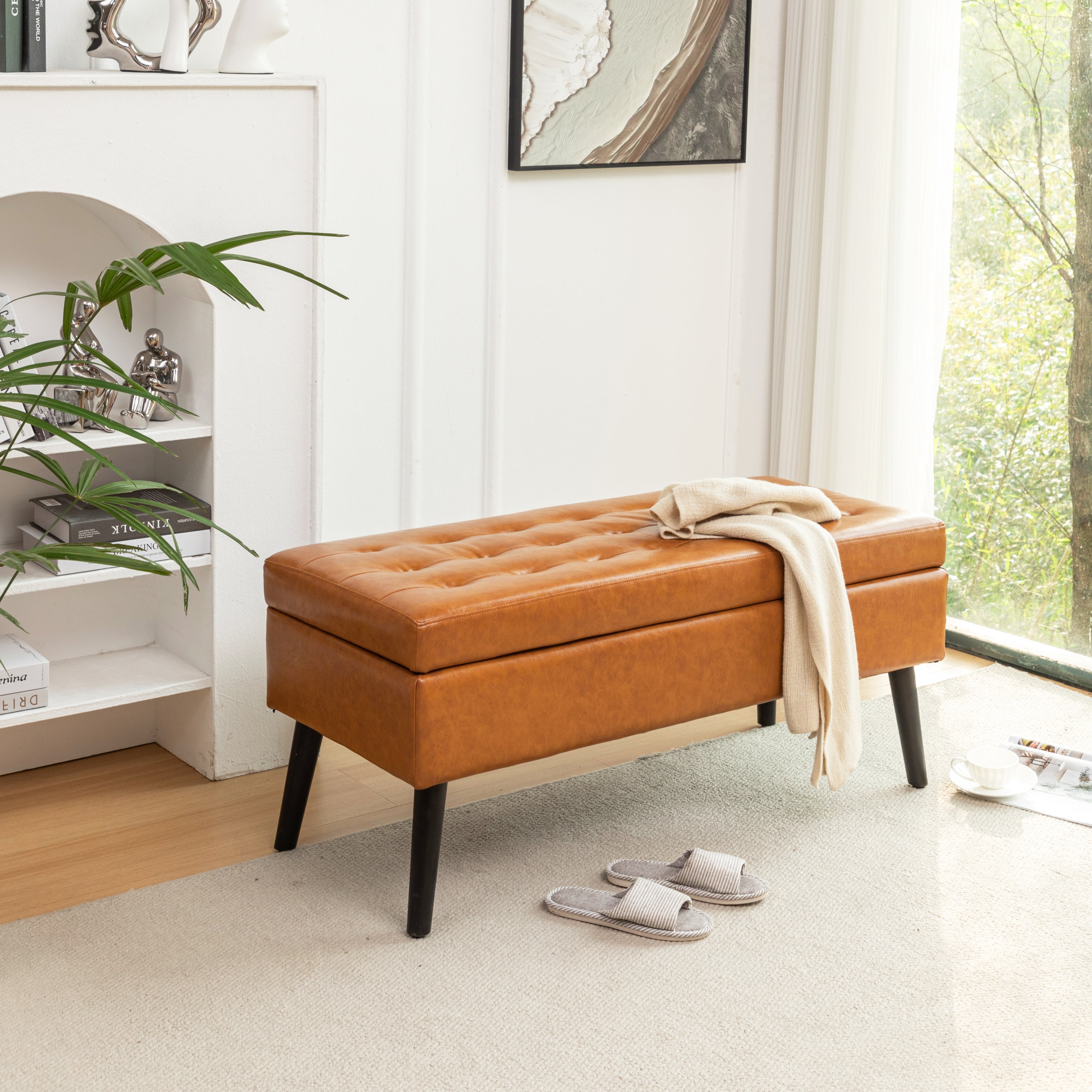 Brown PU Leather Storage Bench