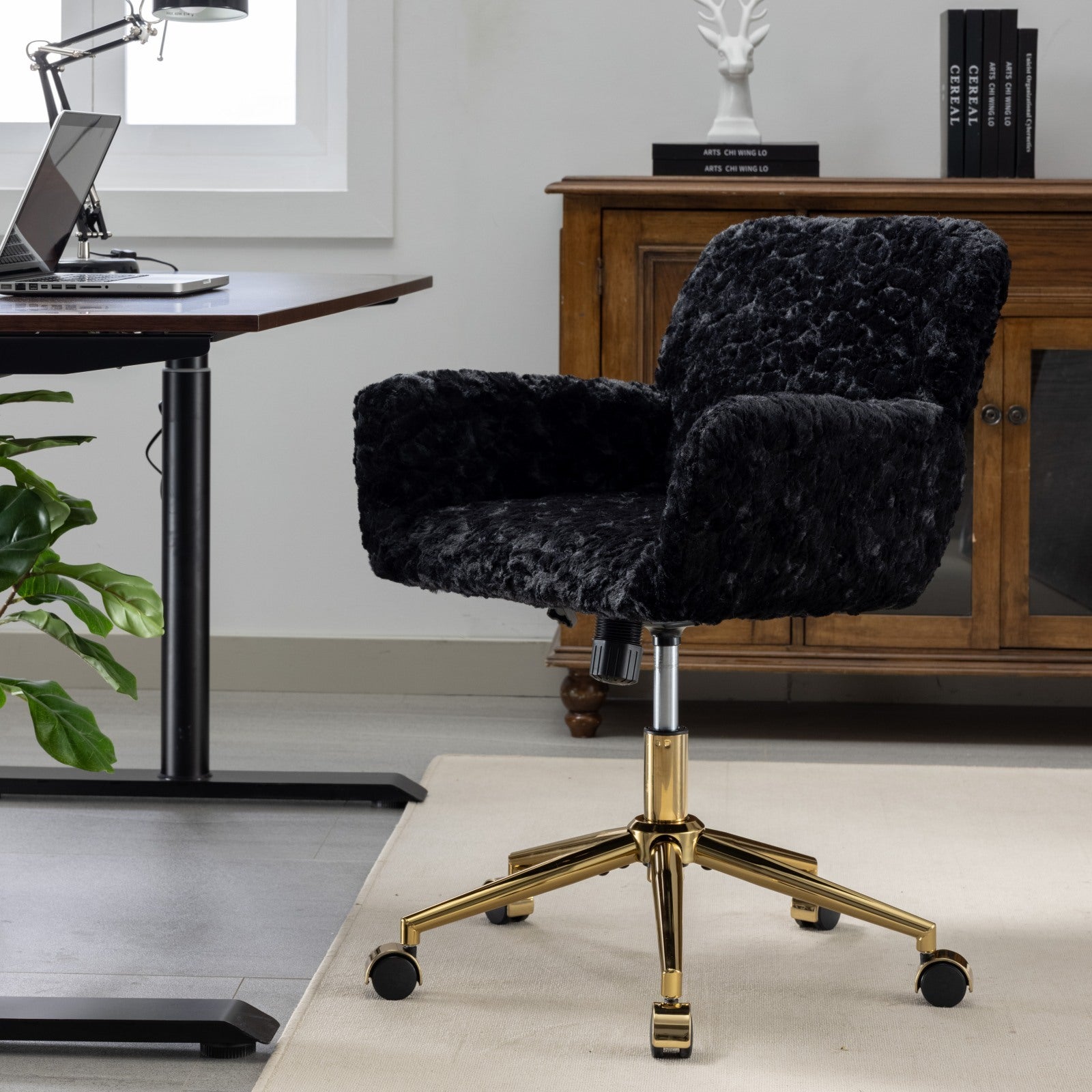 Artificial Rabbit Hair Home Office Chair with Golden Metal Base