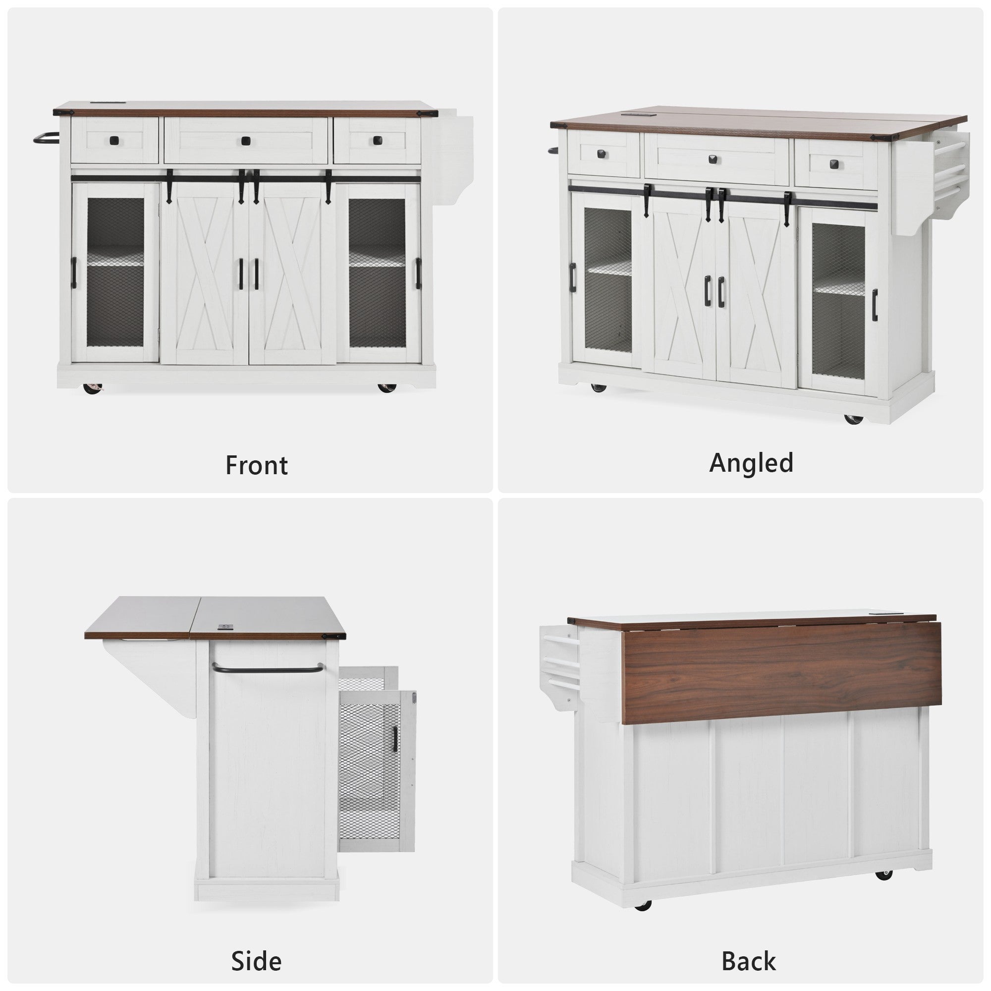 58“ Farmhouse Kitchen Island with Storage Sliding Barn Door Metal Grid Side Door