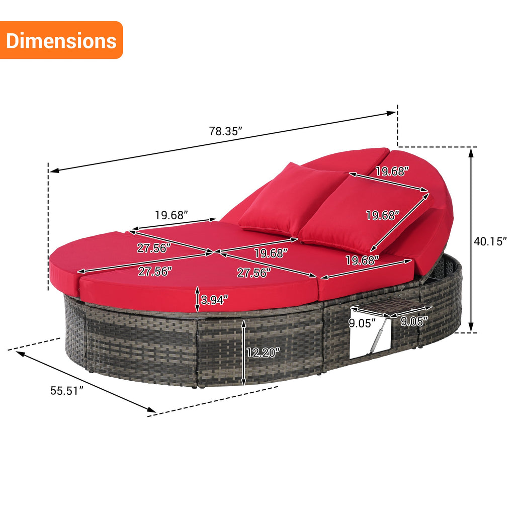 Round outdoor patio daybed with adjustable backrests foldable cup trays and cushioned wicker design ideal for backyard and poolside lounging
