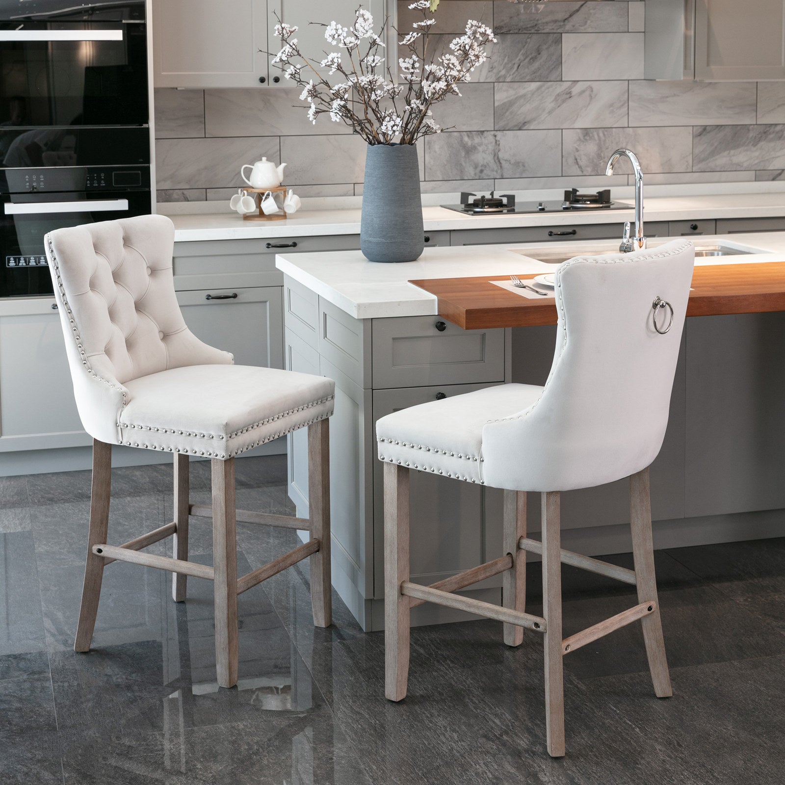 Contemporary Velvet Upholstered Barstools with Button Tufted Decoration (Set of 2)
