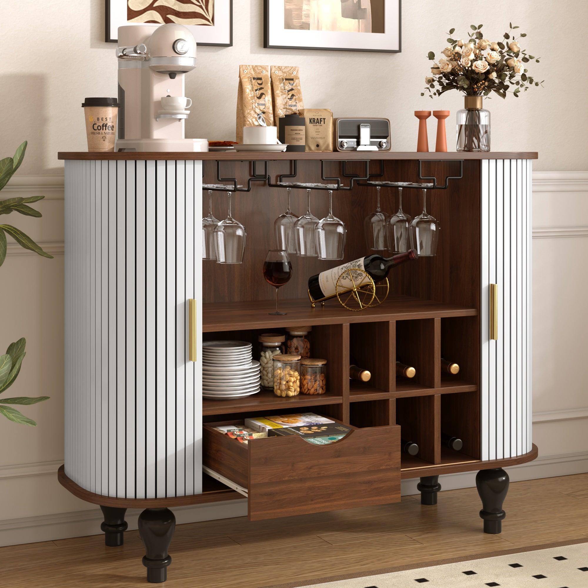 39" Fluted Liquor and Coffee Bar Cabinet with Wine Racks Glass Holders Storage