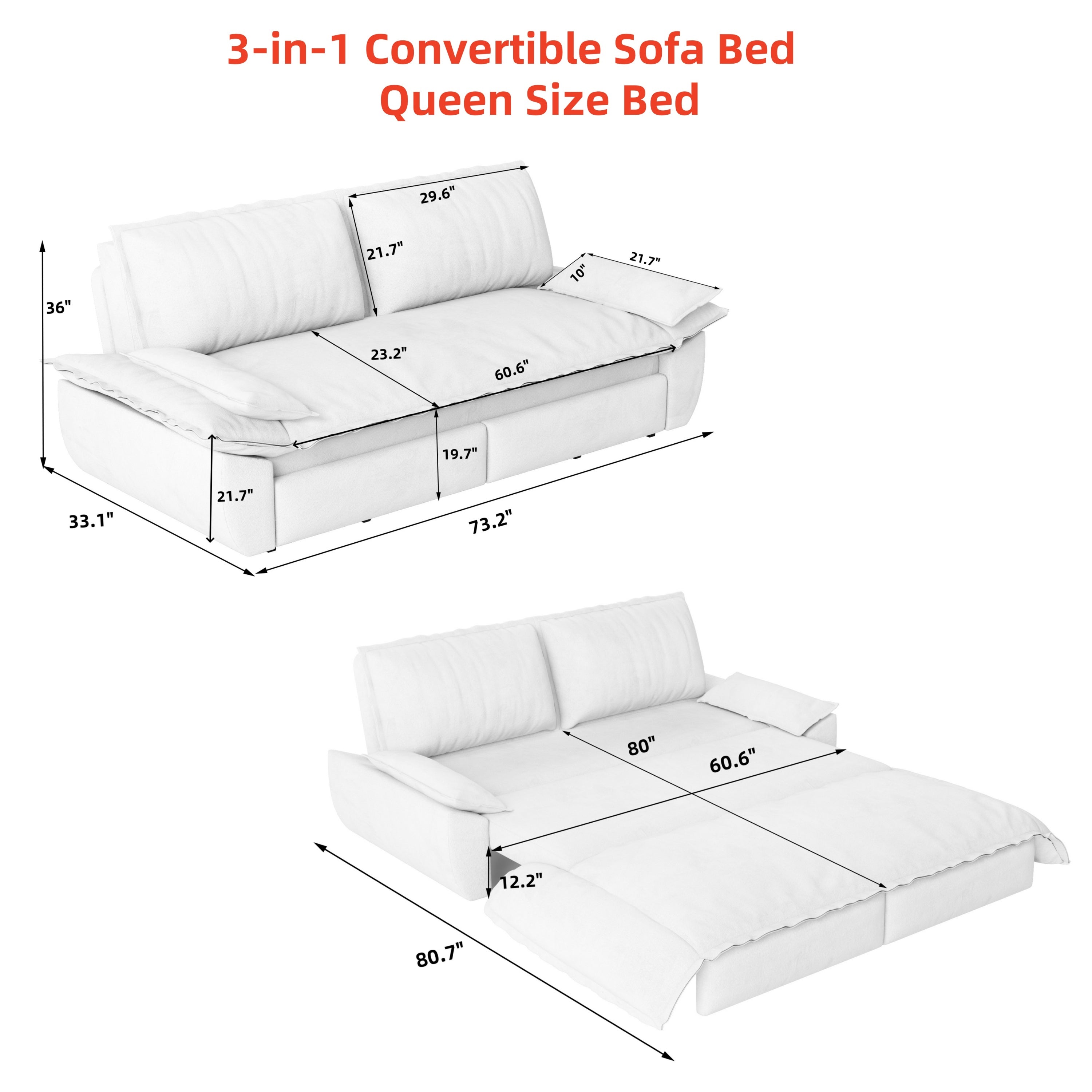 73.2" 3-in-1 Queen Convertible Sleeper Sofa Bed