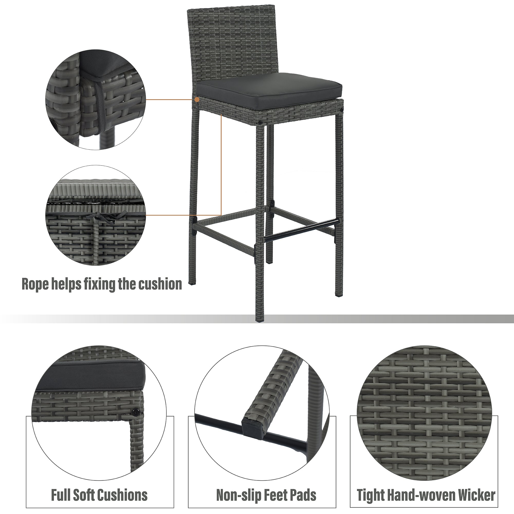 5-Piece Outdoor Wicker Bar Set with Removable Cushion and Acacia Top