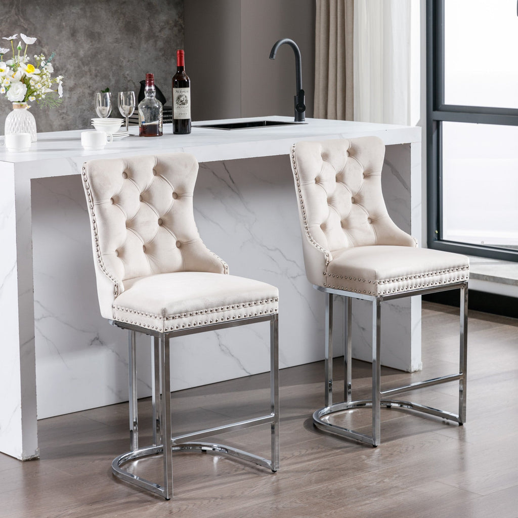 Luxury Elegant Nailhead Trim Tufted Velvet Bar Stools (Set of 2)