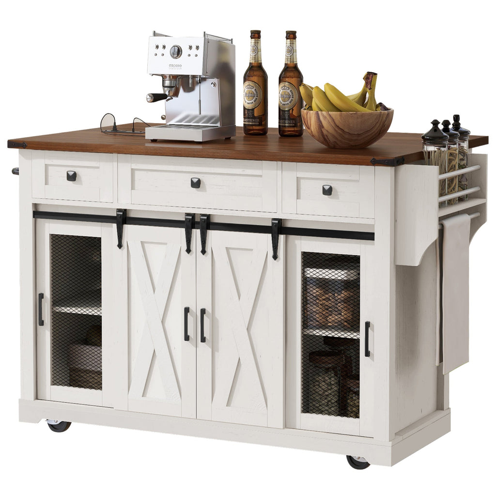 58“ Farmhouse Kitchen Island with Storage Sliding Barn Door Metal Grid Side Door