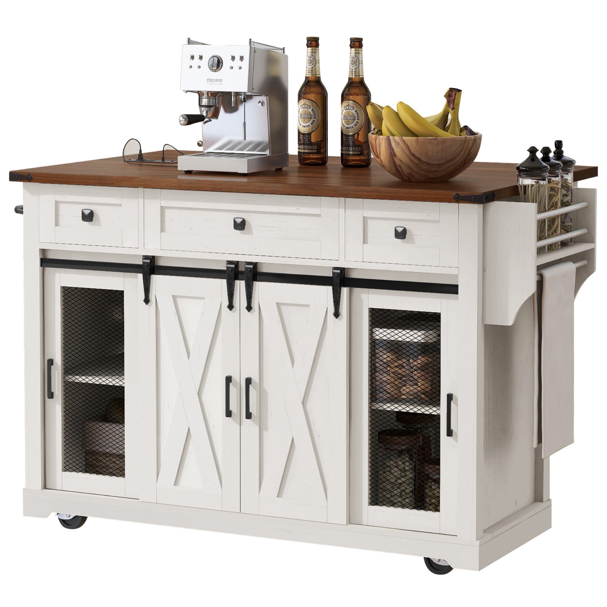 58“ Farmhouse Kitchen Island with Storage Sliding Barn Door Metal Grid Side Door