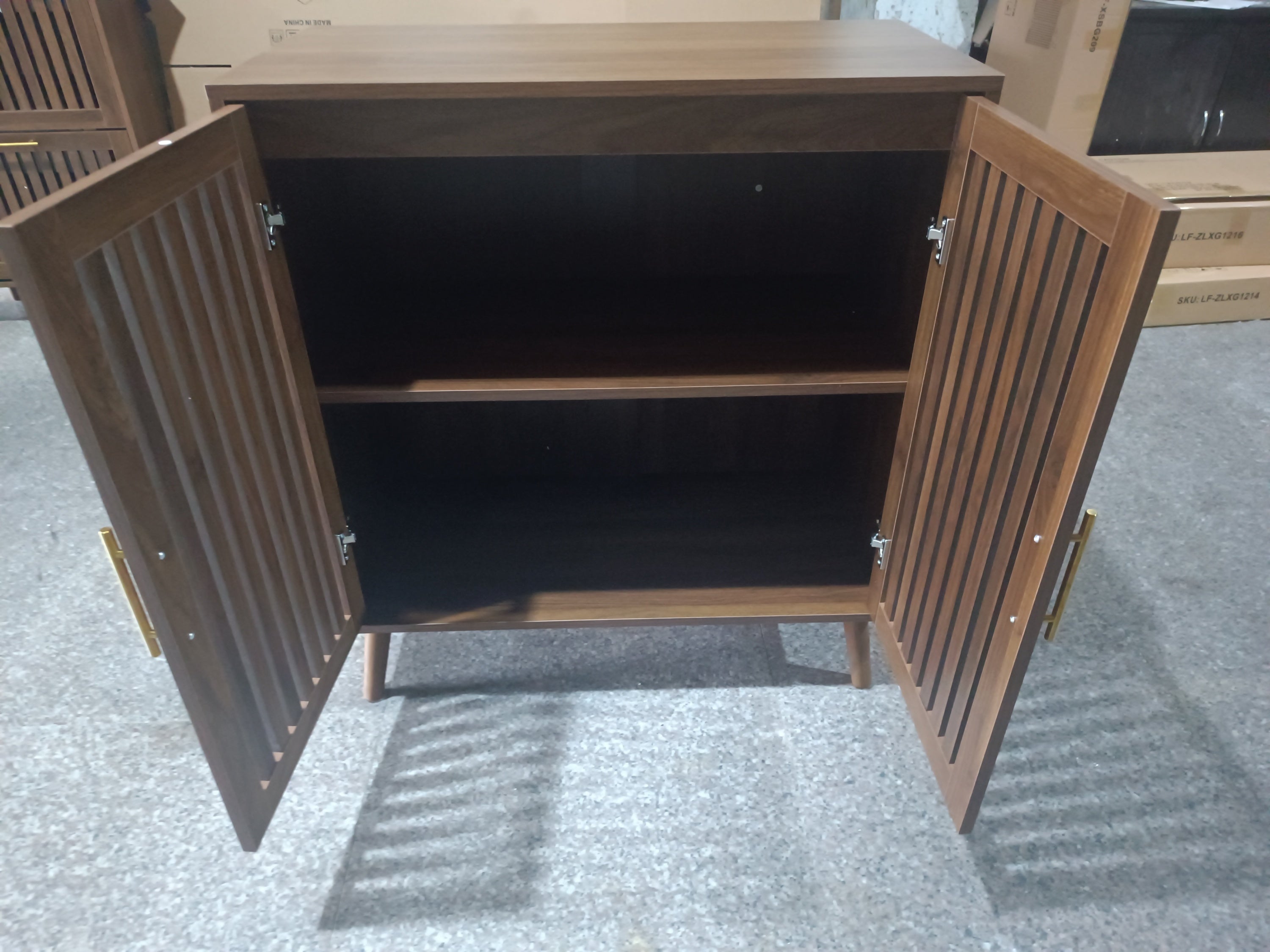 Farmhouse Walnut Sideboard Buffet Cabinet With Louvered Doors