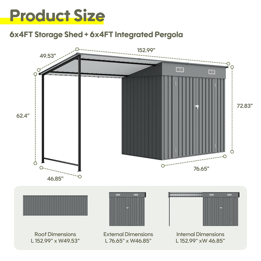 12x4 Ft Metal Lean To Shed With Pergola 2 In 1 Storage Shed Gazebo Combo