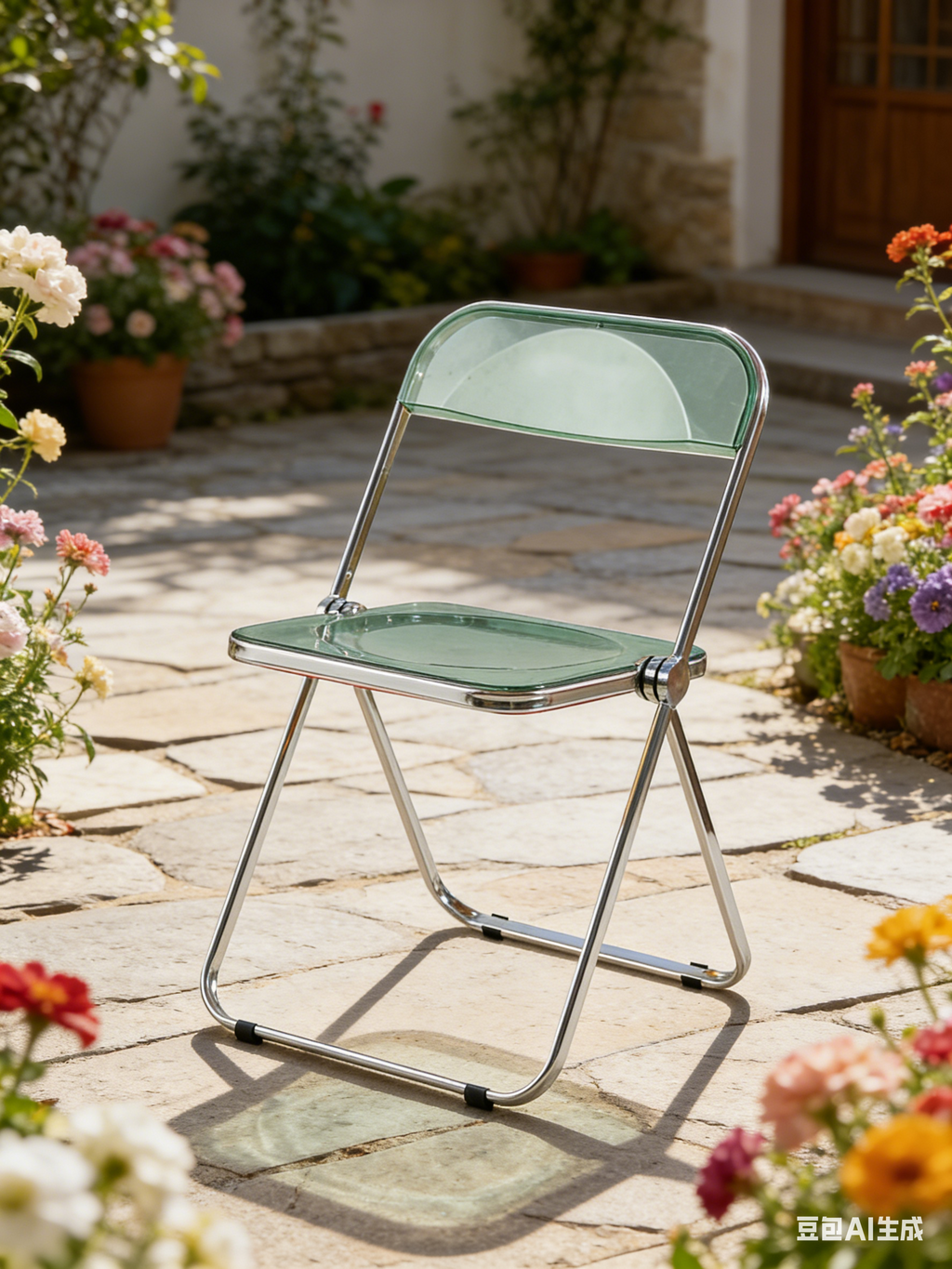 Folding Blue-Green  Ghost Chair Transparent Acrylic Stackable Chrome Frame