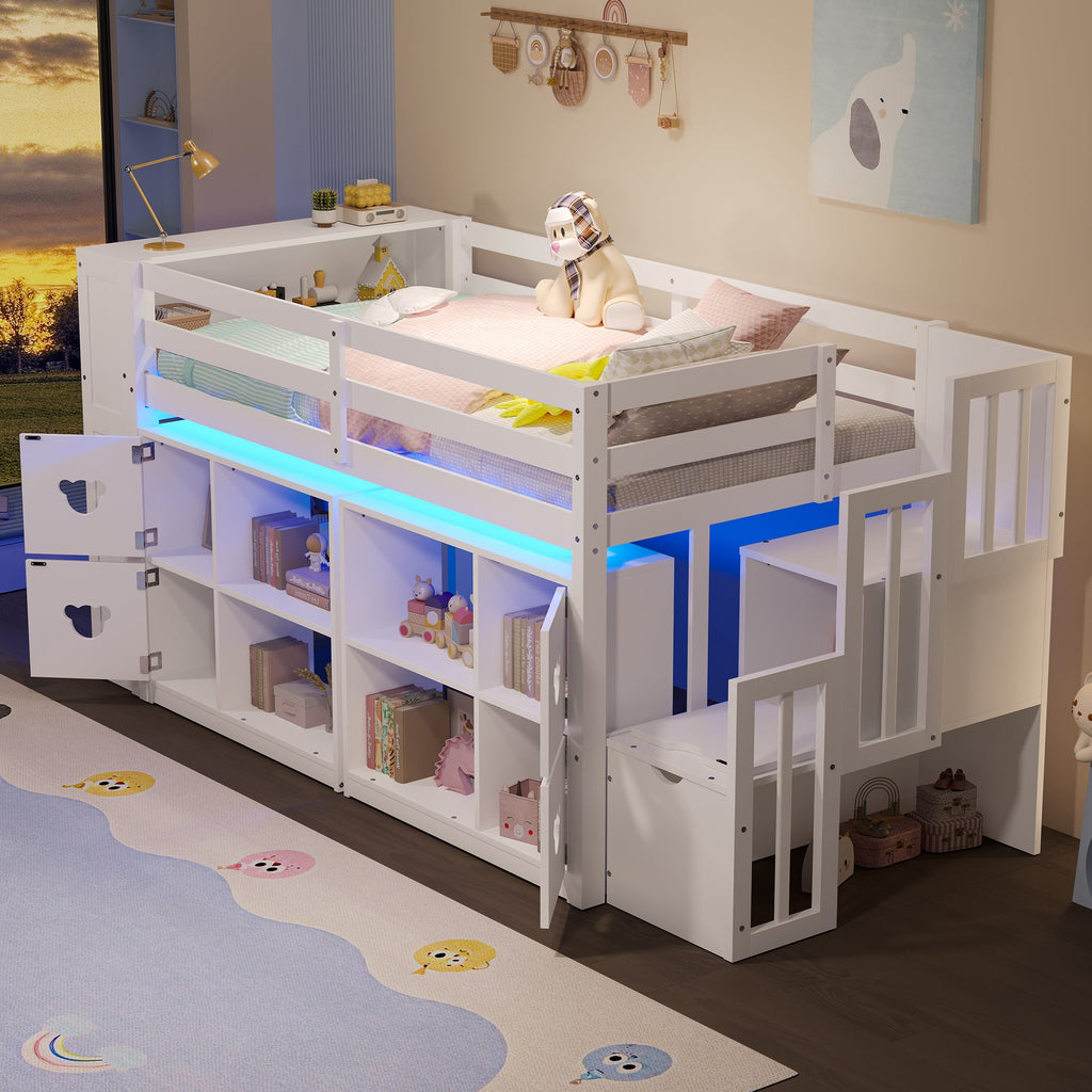 Kids Twin Loft Bed with Storage Cabinets