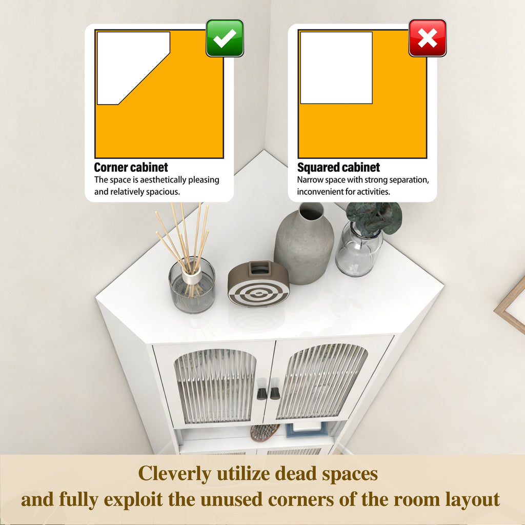 White 73in Corner Storage Cabinet Metal with Doors Adjustable Shelves Space-Saving