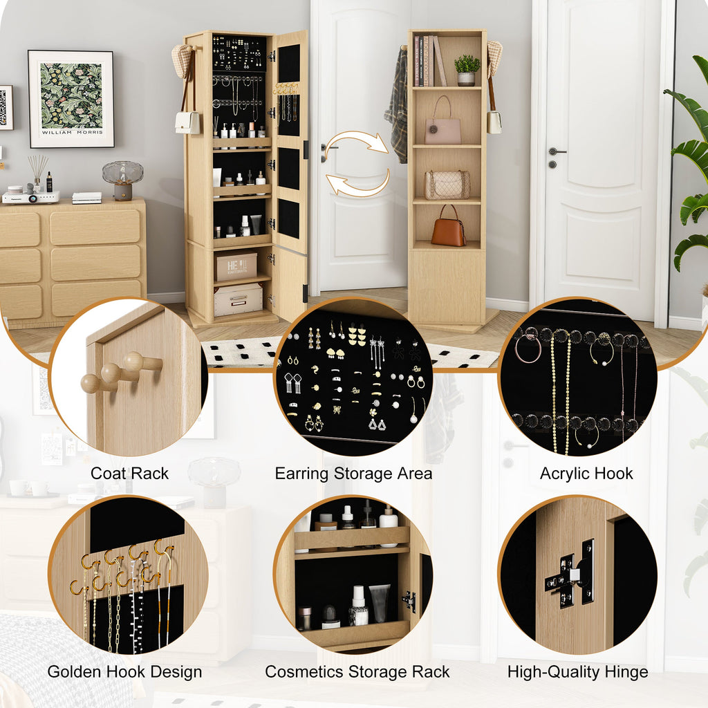 360° Rotating Makeup Cabinet with Full-Length Mirror and Jewelry Storage