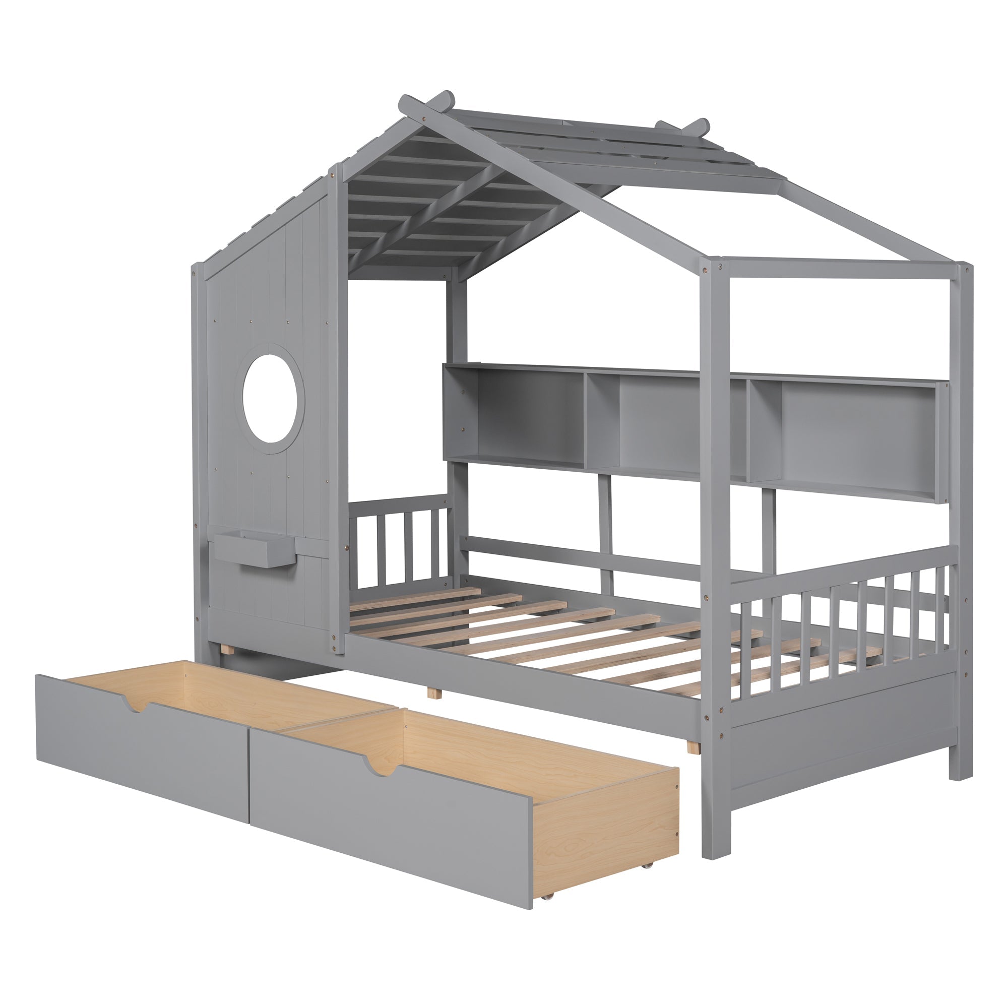 Wooden Twin Size House Bed with 2 Drawers