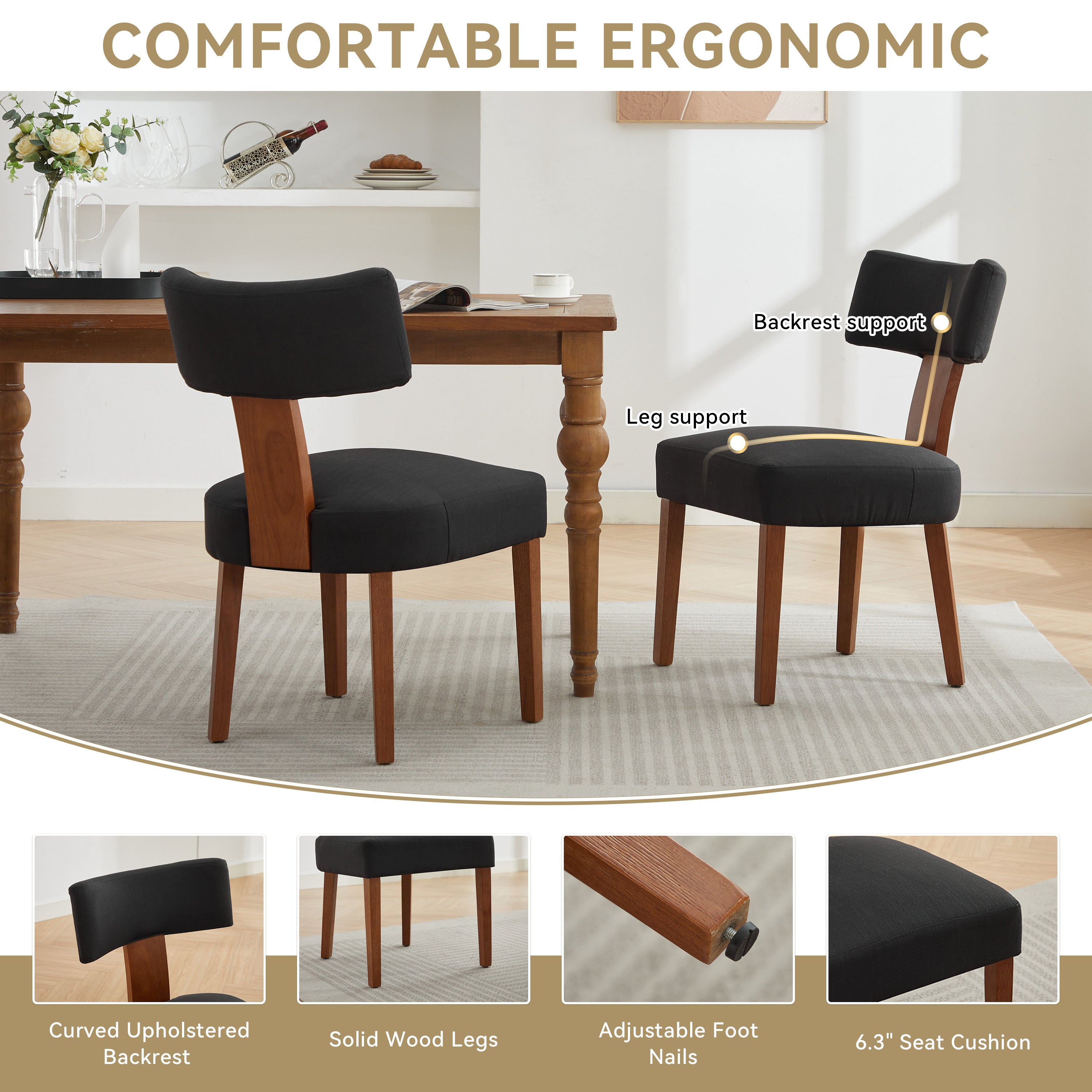 2Pcs  Modern Armless Dining Chairs With Curved Wingback and Solid Wooden Legs