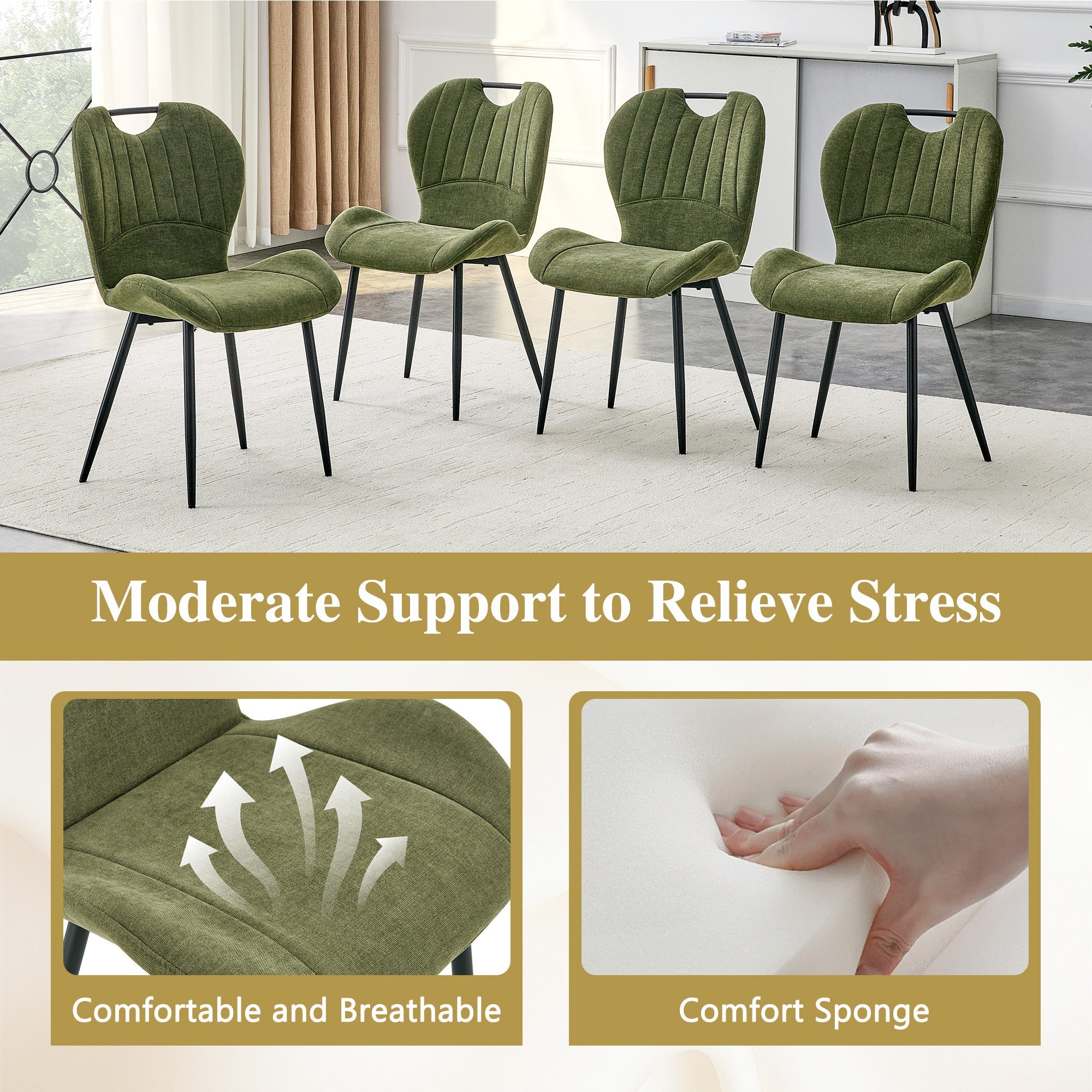 Set of 4 Fabric Dining Chairs Black Metal Frame Wide Cushioned Comfortable
