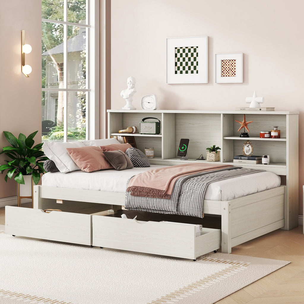 Twin Size Bed Frame with Side Bookshelves