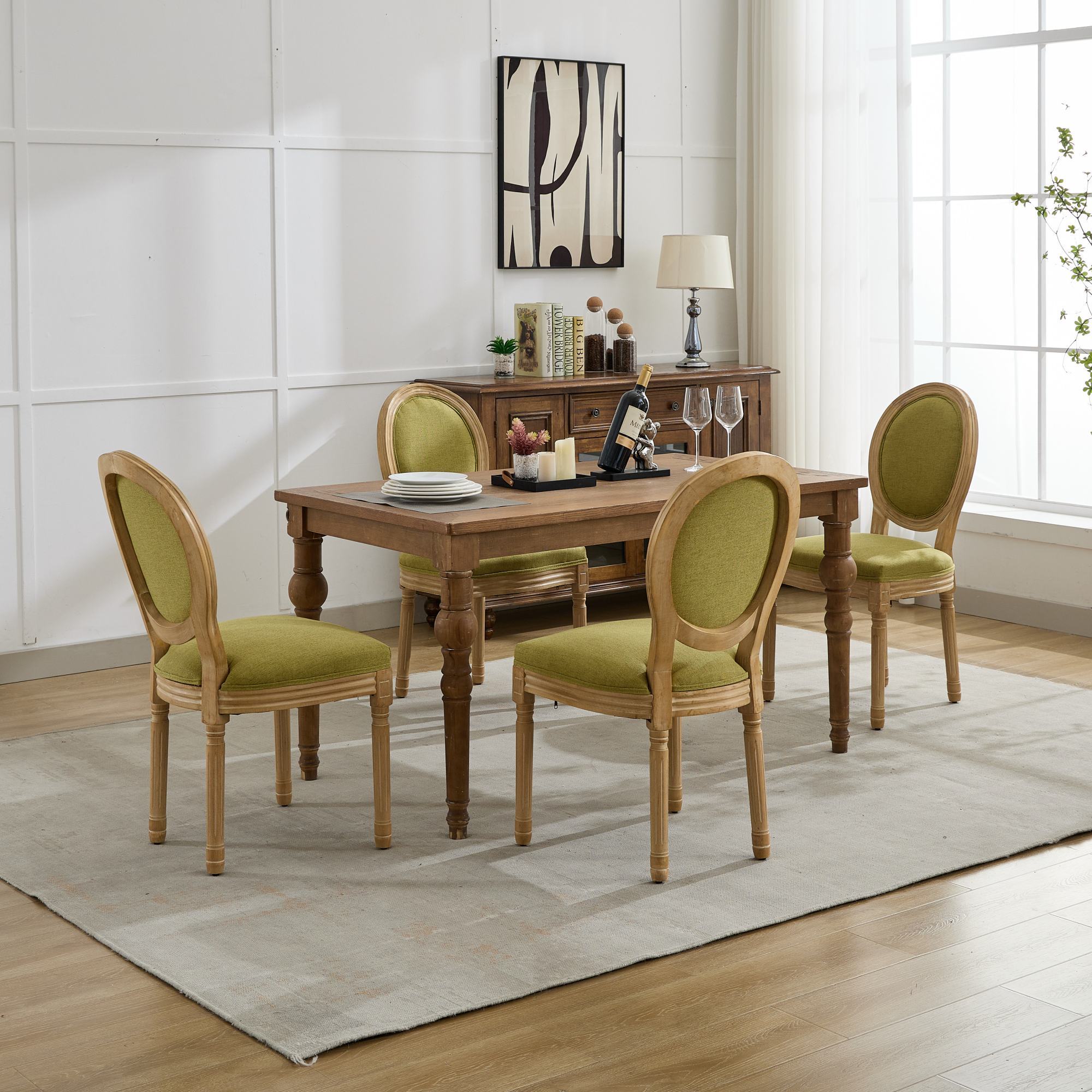 French Style Solid Wood Frame Linen Fabric Back Dining Chair (Set of 2)