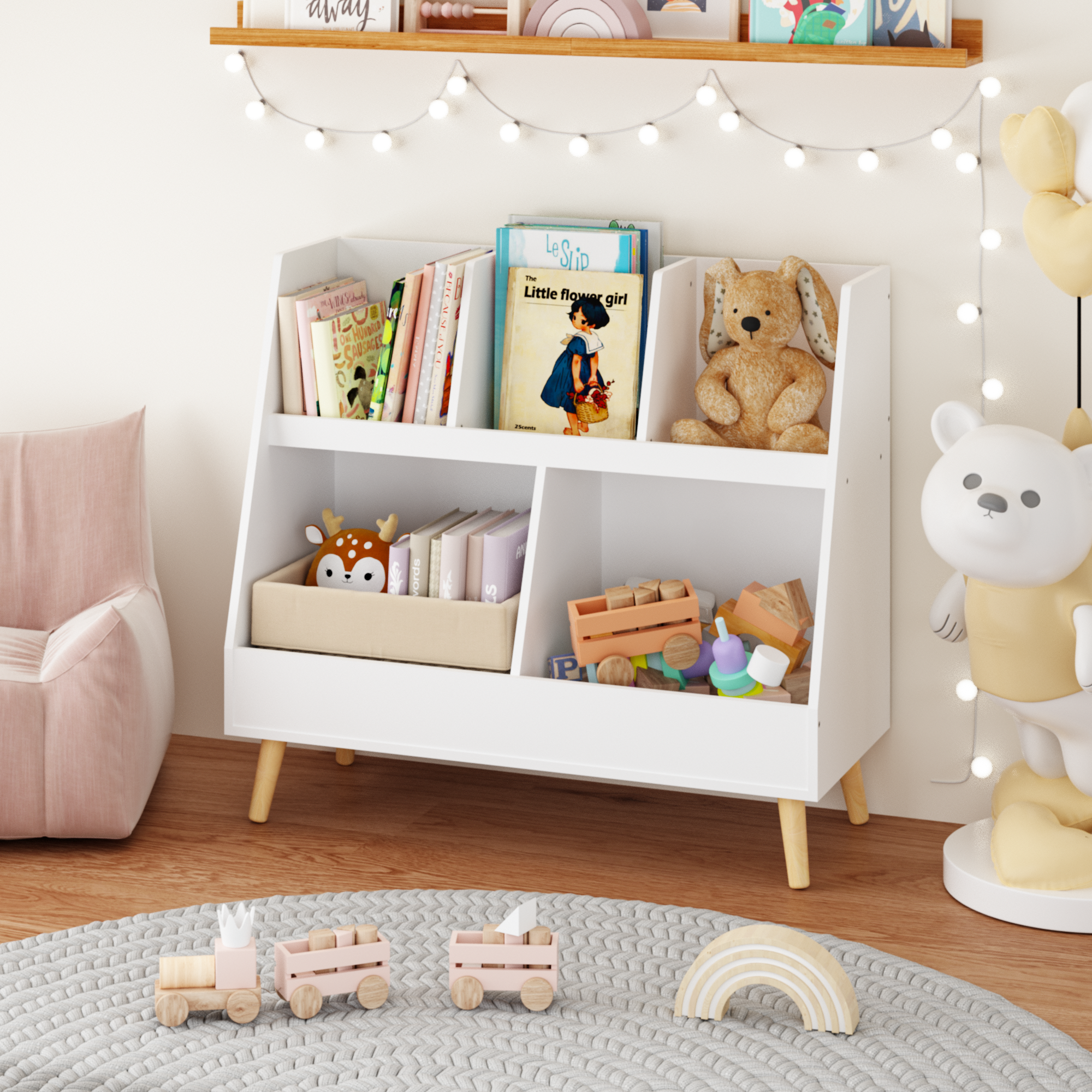 Modern Kids Bookshelf and Toy Organizer with White MDF and Pine Legs