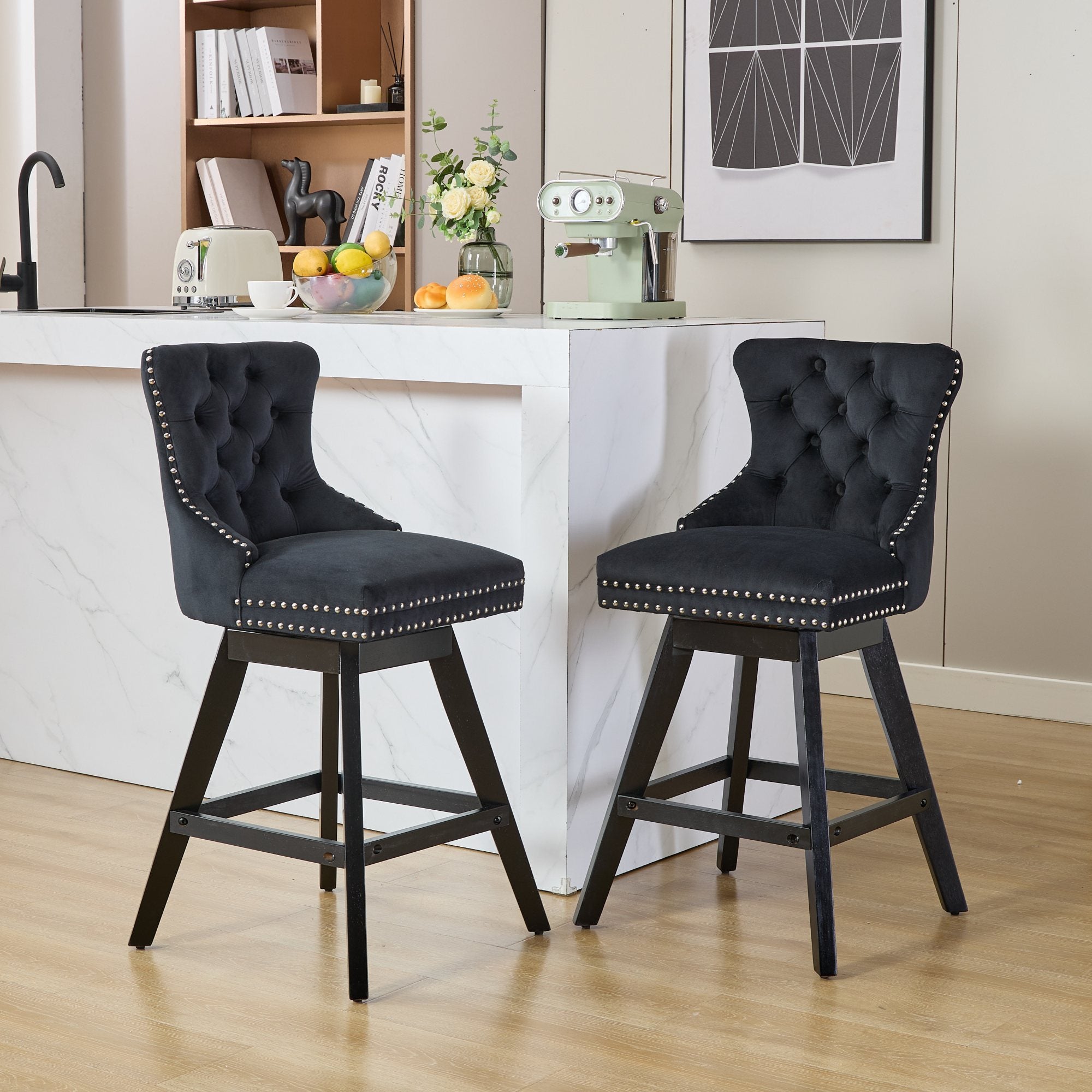 Swivel Velvet Barstools with Button Tufted Decoration (Set of 2)