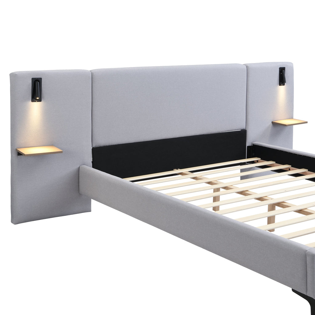 Chic Linen Upholstered Bed with Integrated Lights and Shelves
