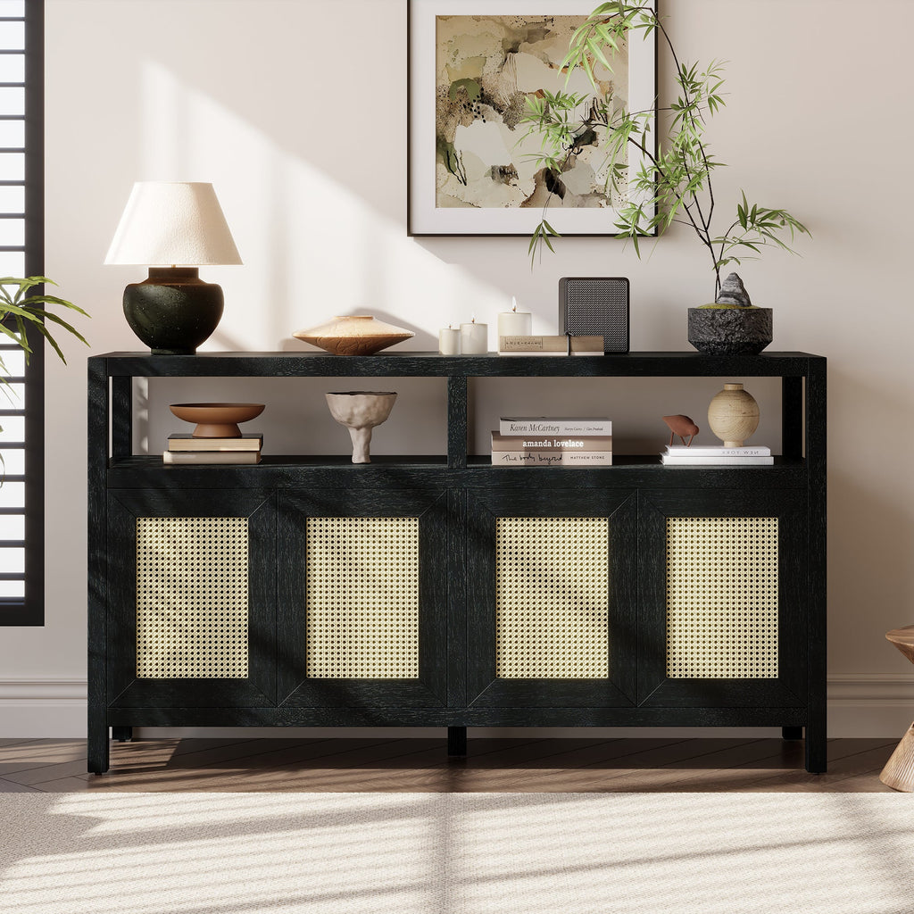 Bohemian Style Rattan Storage Cabinet with 3-position Adjustable Shelves