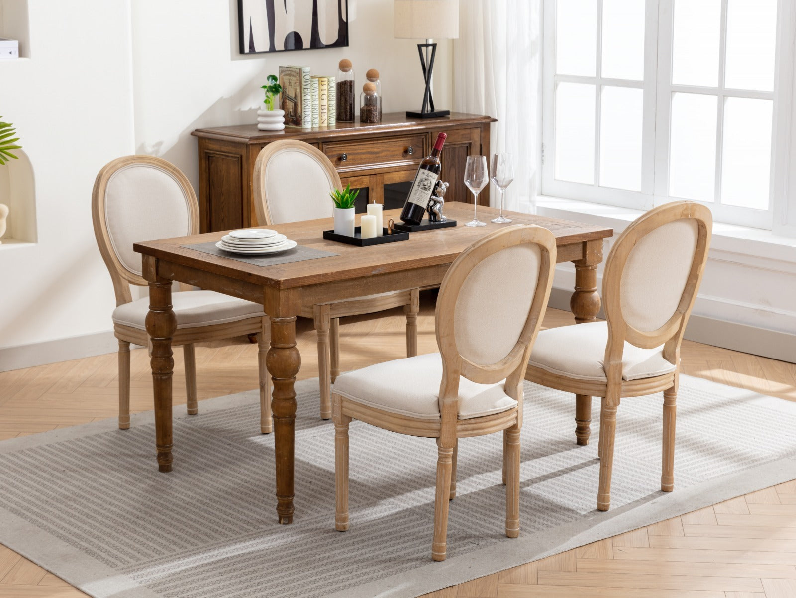 French Style Solid Wood Frame Linen Fabric Back Dining Chair (Set of 2)
