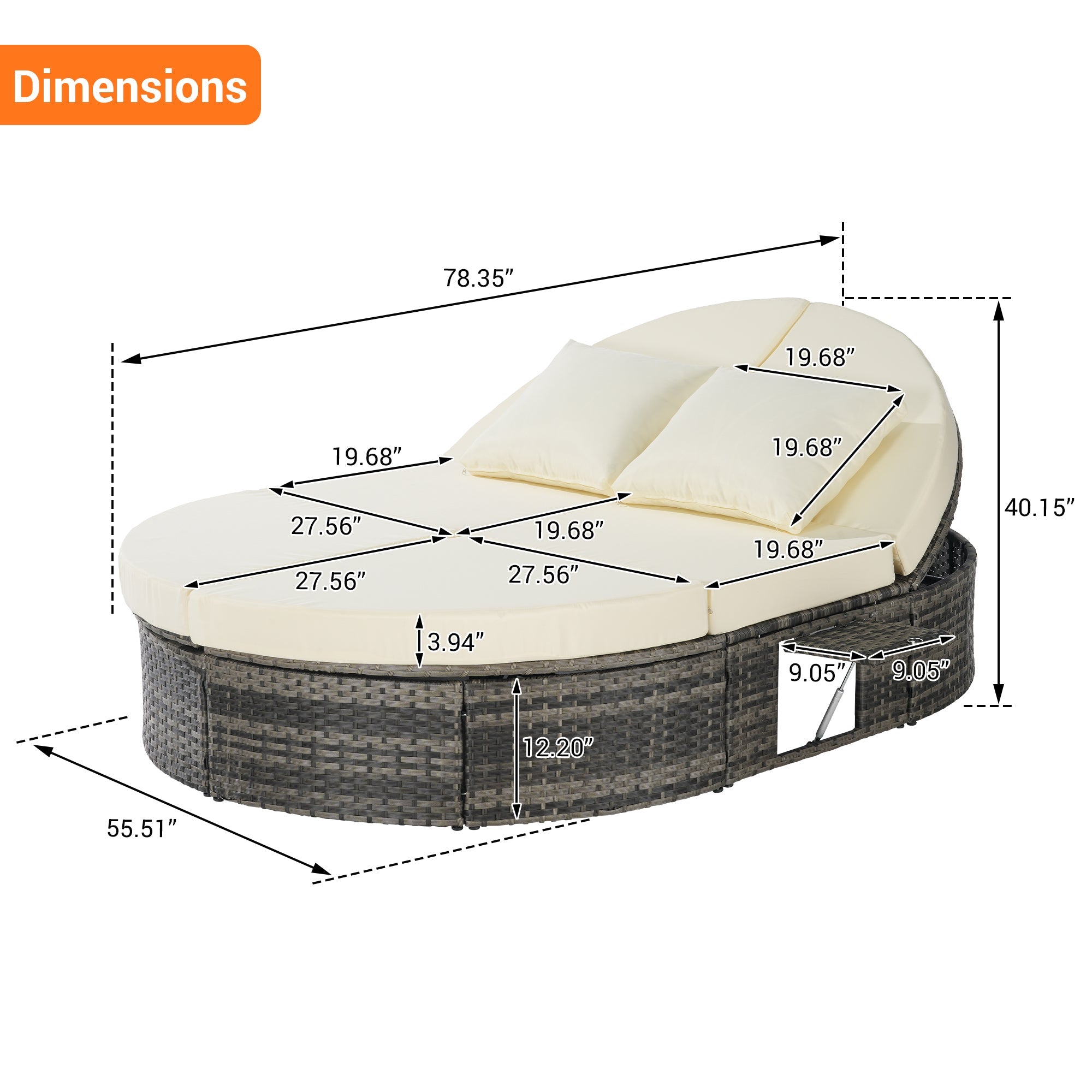 Round outdoor patio daybed with adjustable backrests foldable cup trays and cushioned wicker design ideal for backyard and poolside lounging