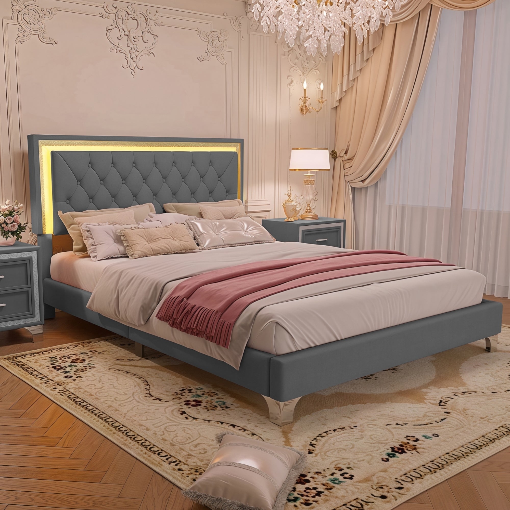 Queen Size Upholstered Bed Frame with LED Lights