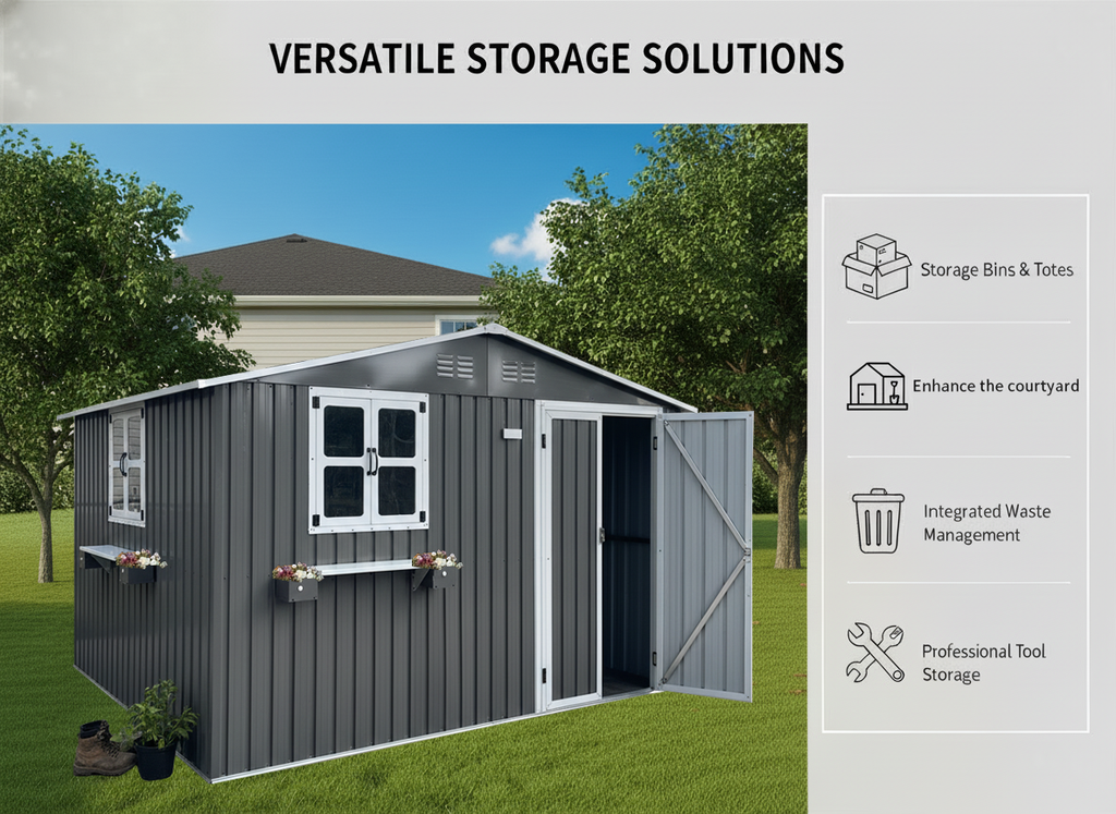 10x8 Ft Metal Storage Shed Lockable Double Doors Window Waterproof Shed