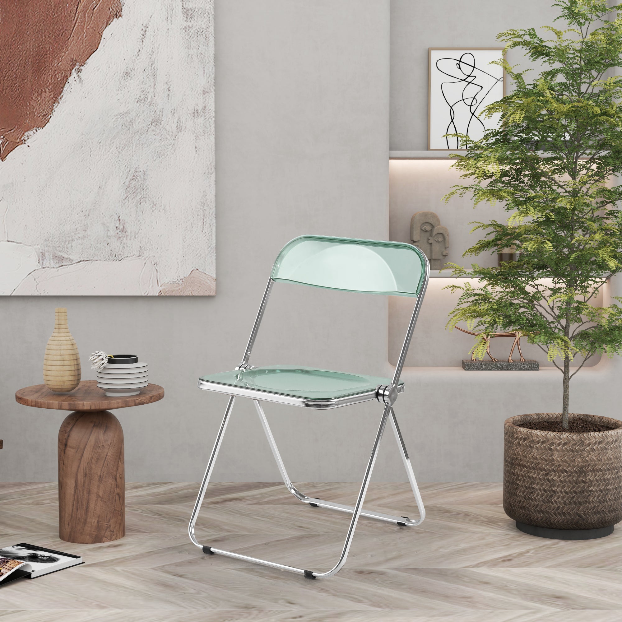 Folding Blue-Green  Ghost Chair Transparent Acrylic Stackable Chrome Frame
