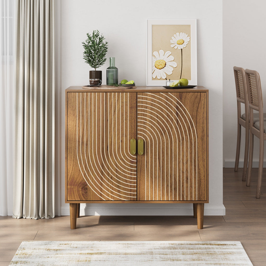 Walnut Wood Buffet Cabinet with Line Groove Design