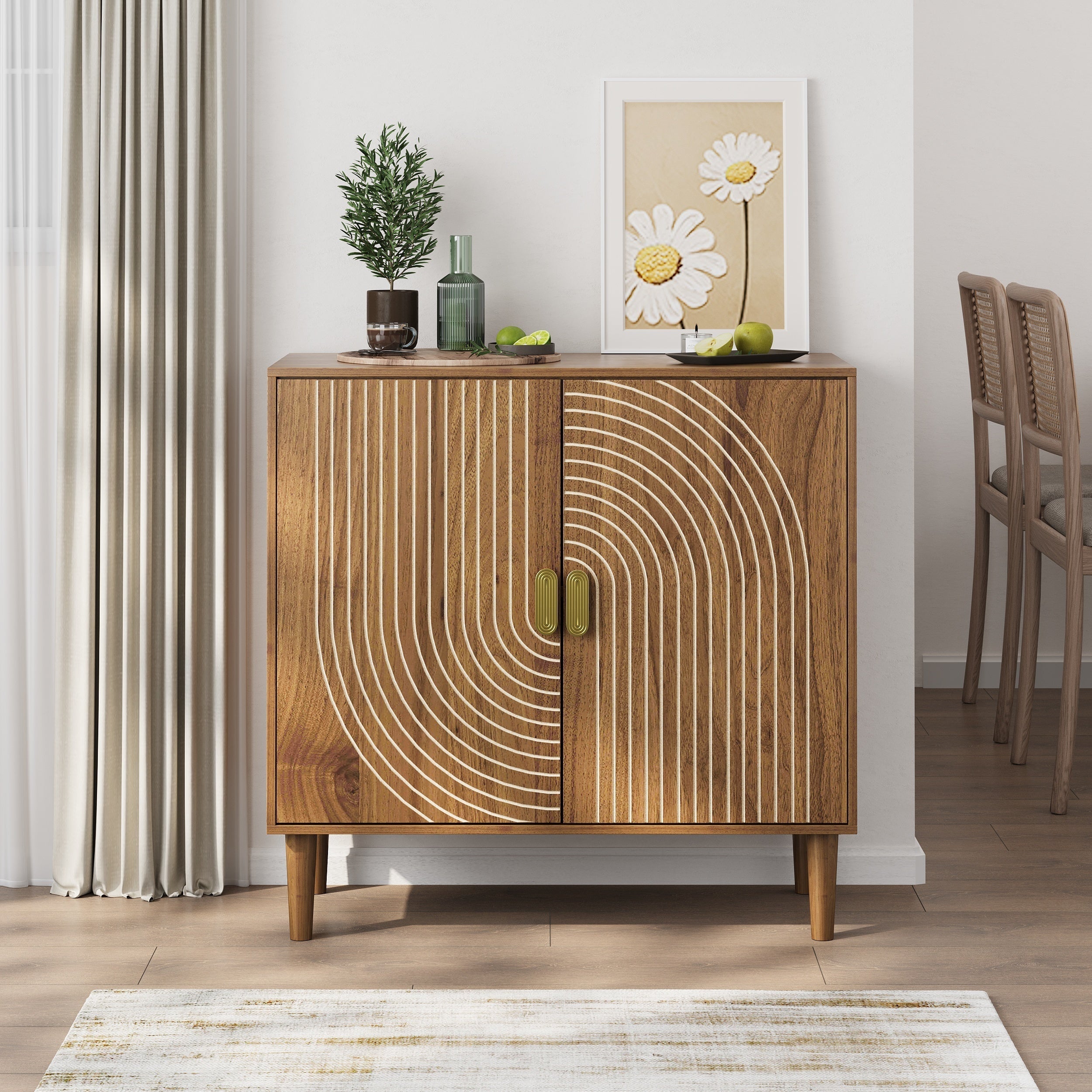 Walnut Wood Buffet Cabinet with Line Groove Design