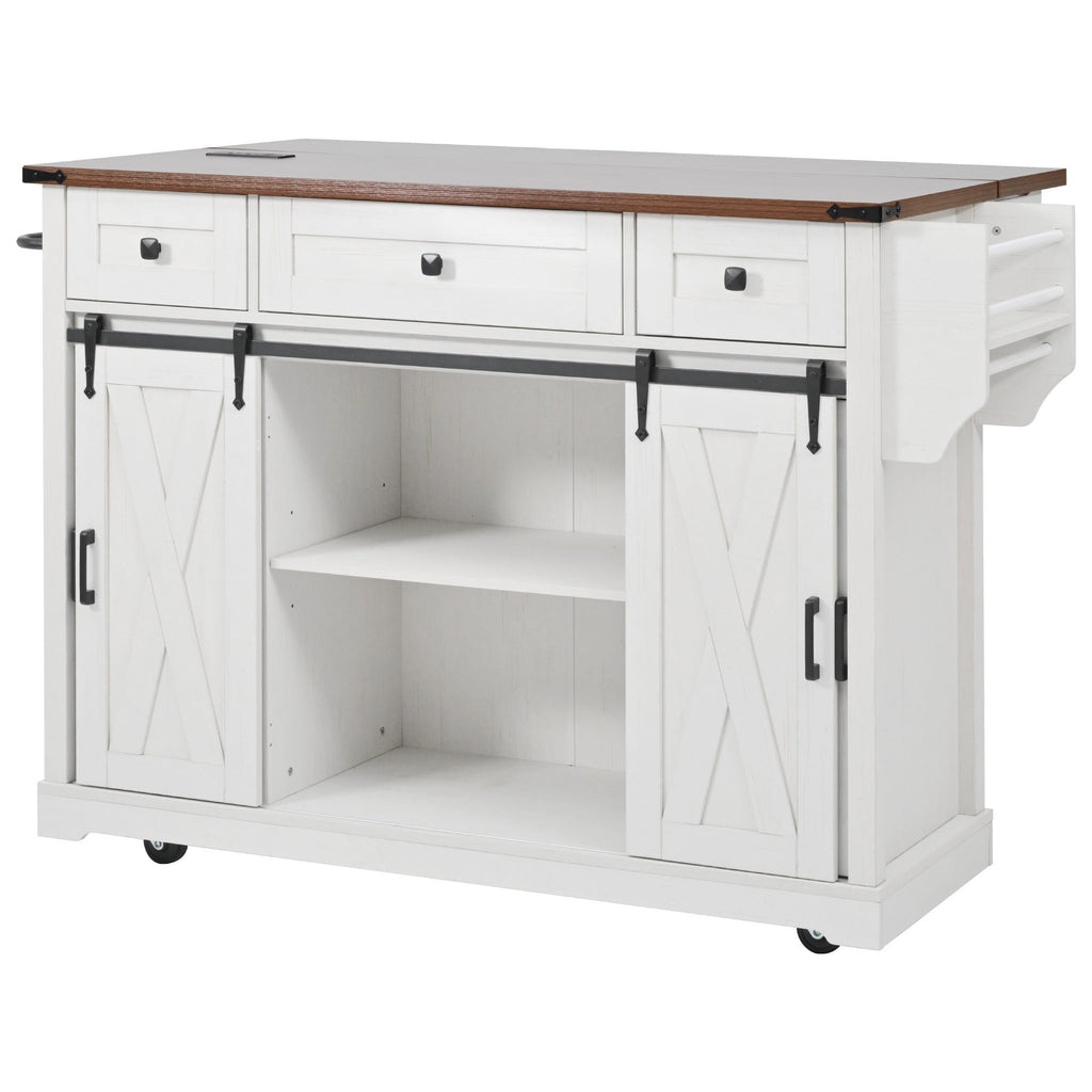 58“ Farmhouse Kitchen Island with Storage Sliding Barn Door Metal Grid Side Door