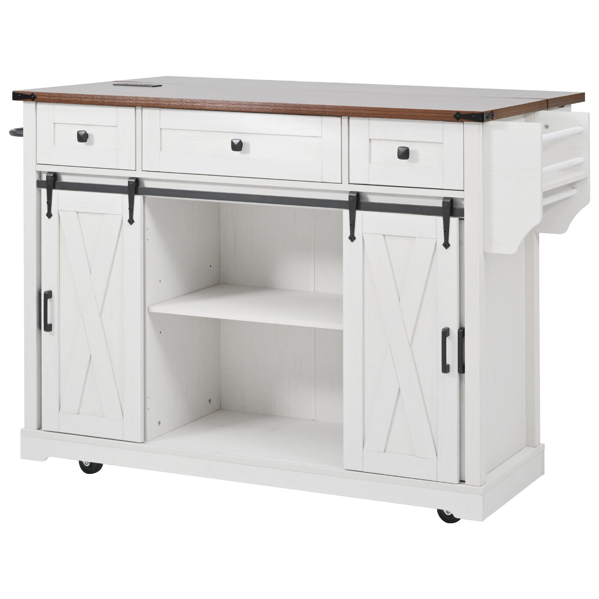 58“ Farmhouse Kitchen Island with Storage Sliding Barn Door Metal Grid Side Door