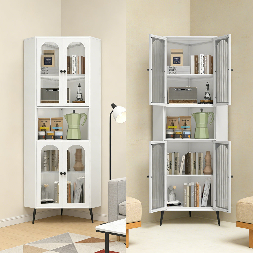 White 73in Corner Storage Cabinet Metal with Doors Adjustable Shelves Space-Saving